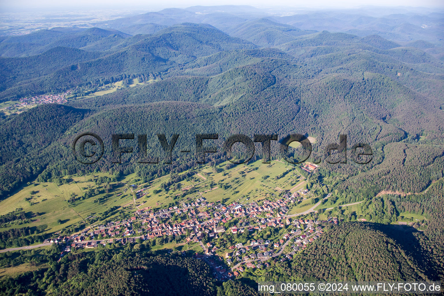 Aerial view of Town View of the streets and houses of the residential areas in Birkenhoerdt in the state Rhineland-Palatinate