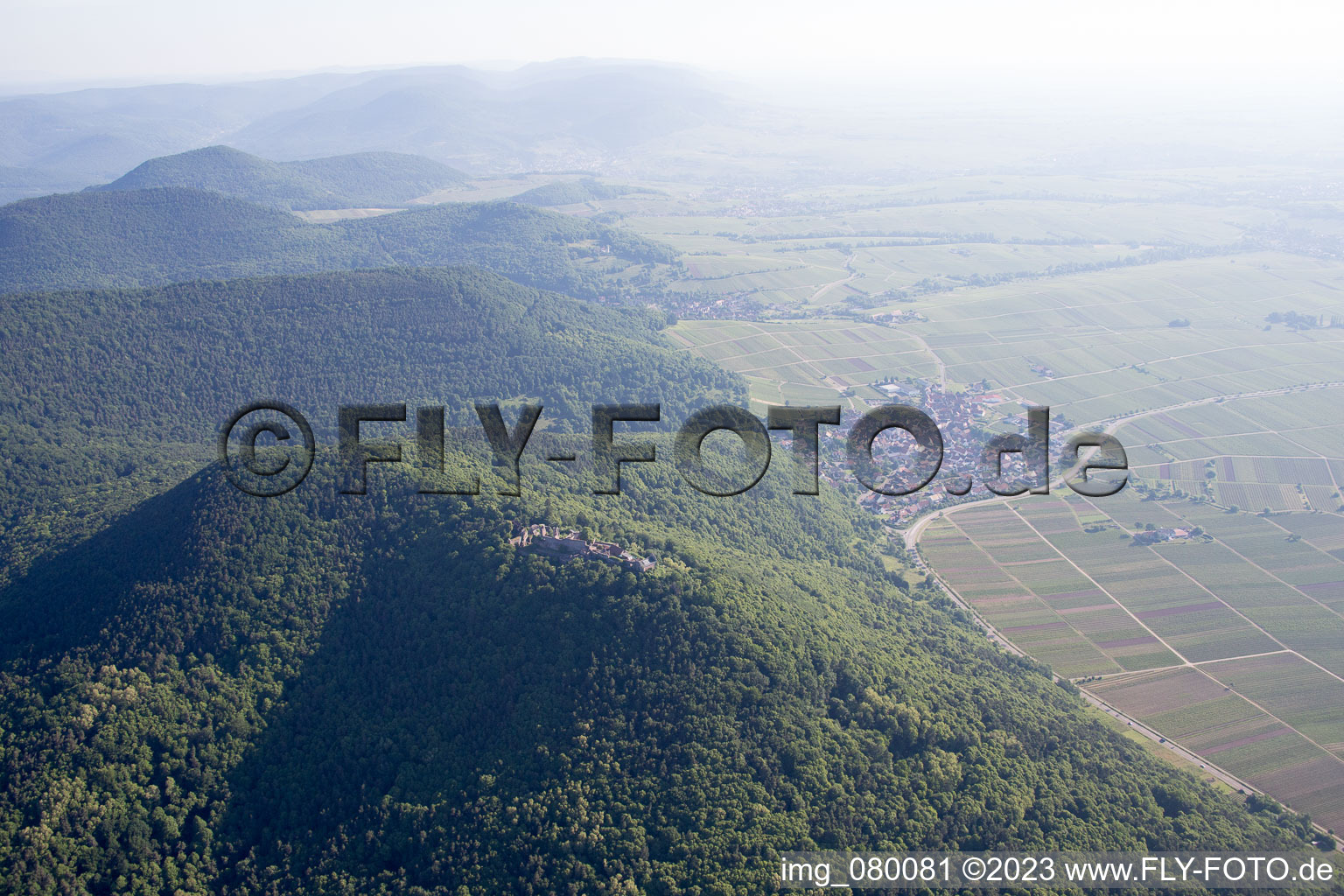 Aerial view of Madenburg in Eschbach in the state Rhineland-Palatinate, Germany