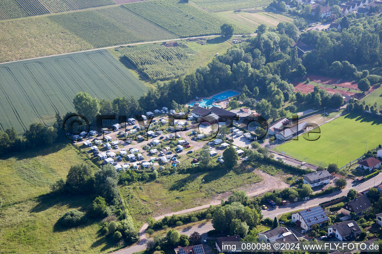 Aerial view of Camping with caravans and tents in the district Ingenheim in Billigheim-Ingenheim in the state Rhineland-Palatinate