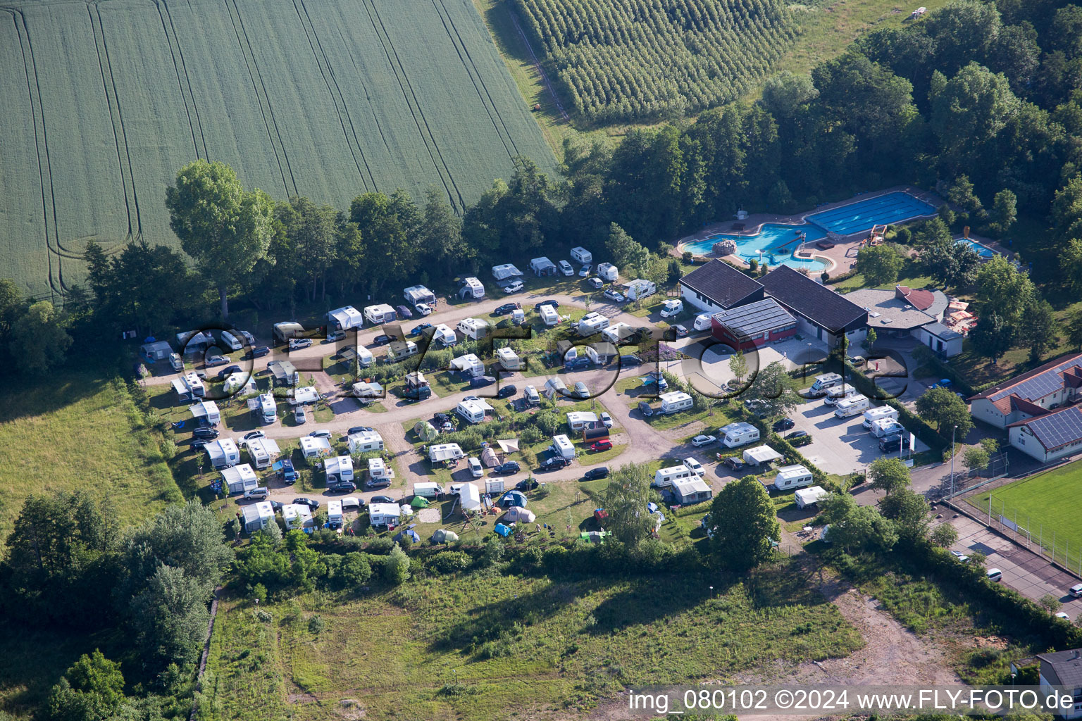 Oblique view of Camping in the Klingbach Valley in the district Klingen in Heuchelheim-Klingen in the state Rhineland-Palatinate, Germany