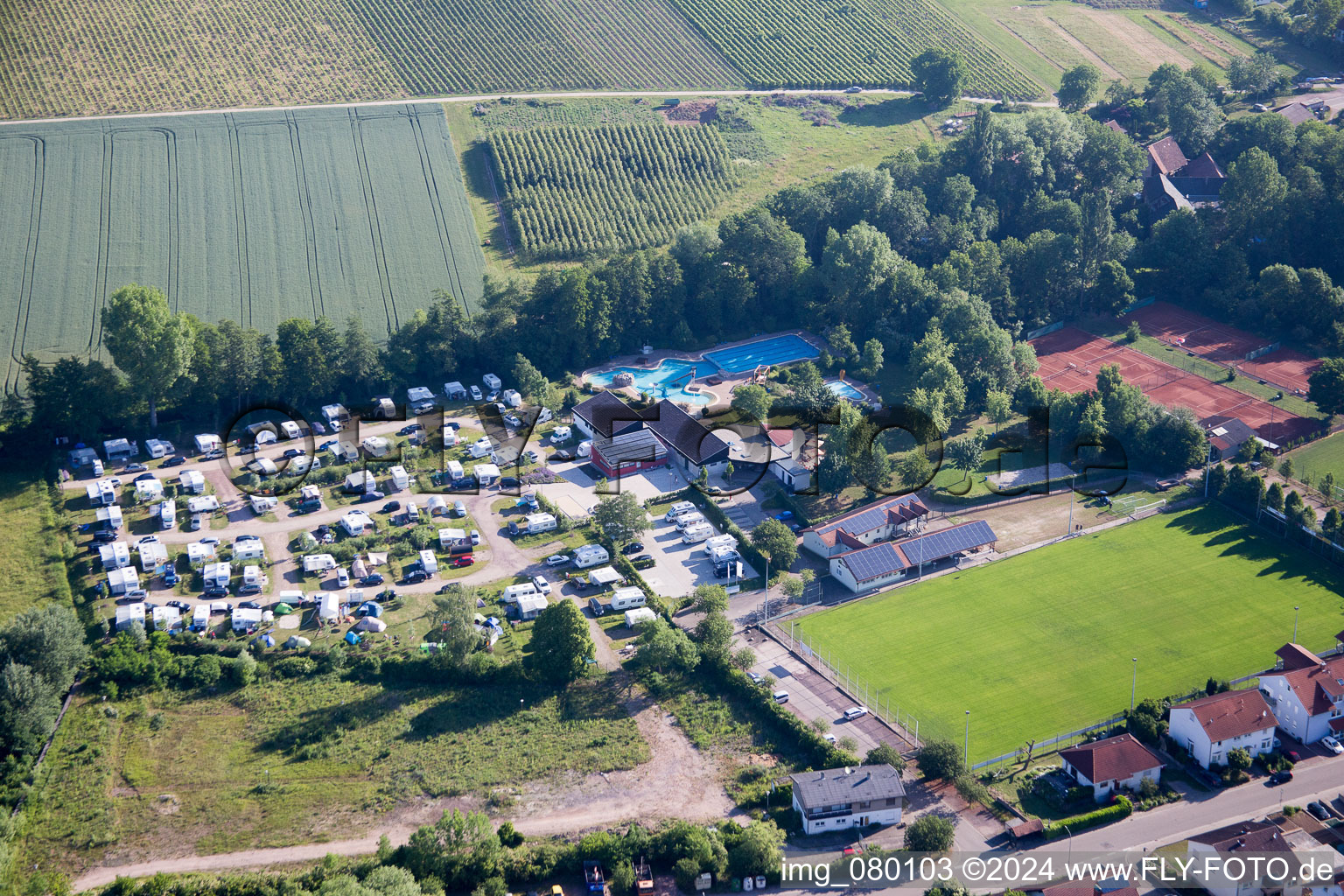 Camping in the Klingbach Valley in the district Klingen in Heuchelheim-Klingen in the state Rhineland-Palatinate, Germany from above