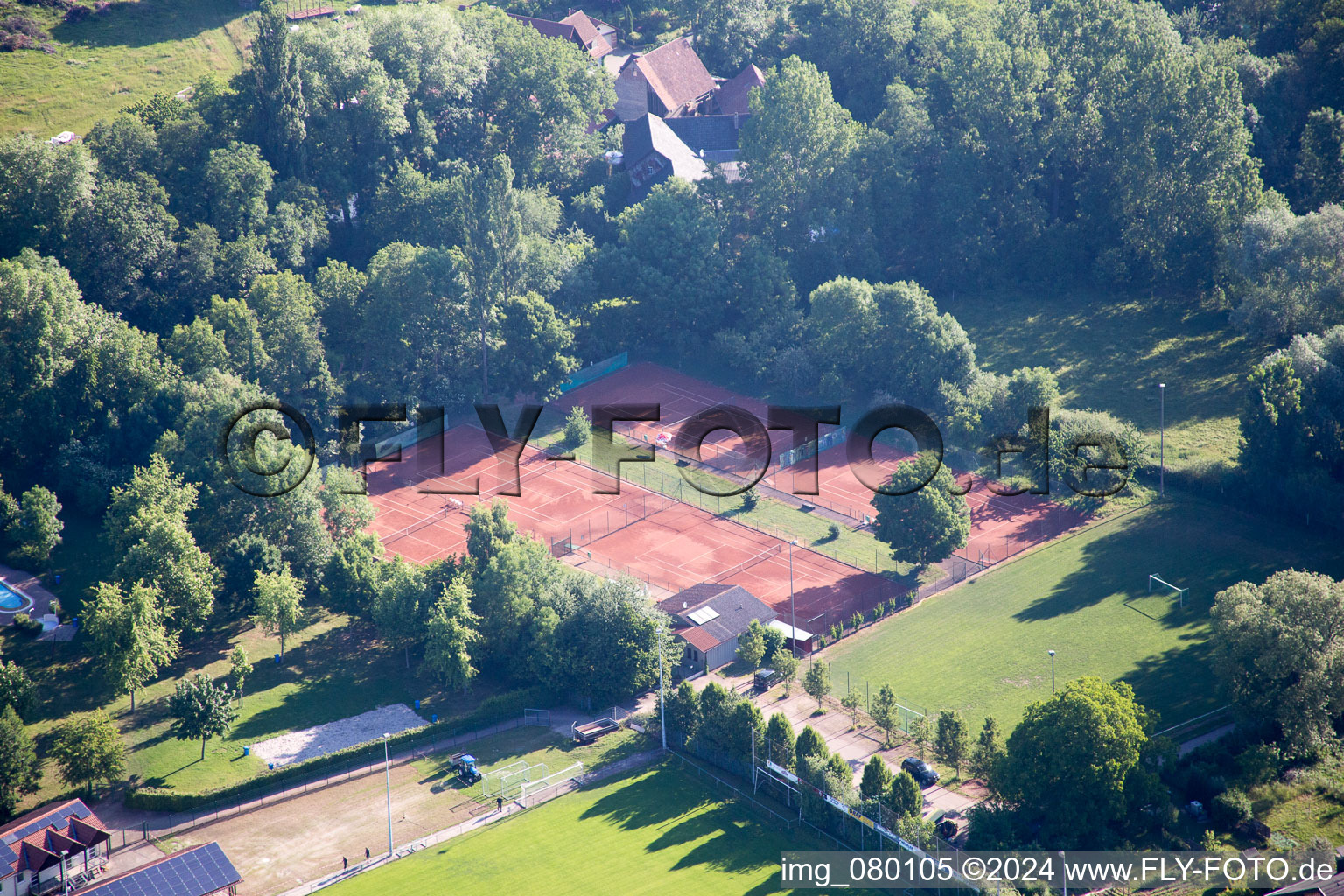 Aerial view of Sports fields in the district Ingenheim in Billigheim-Ingenheim in the state Rhineland-Palatinate, Germany