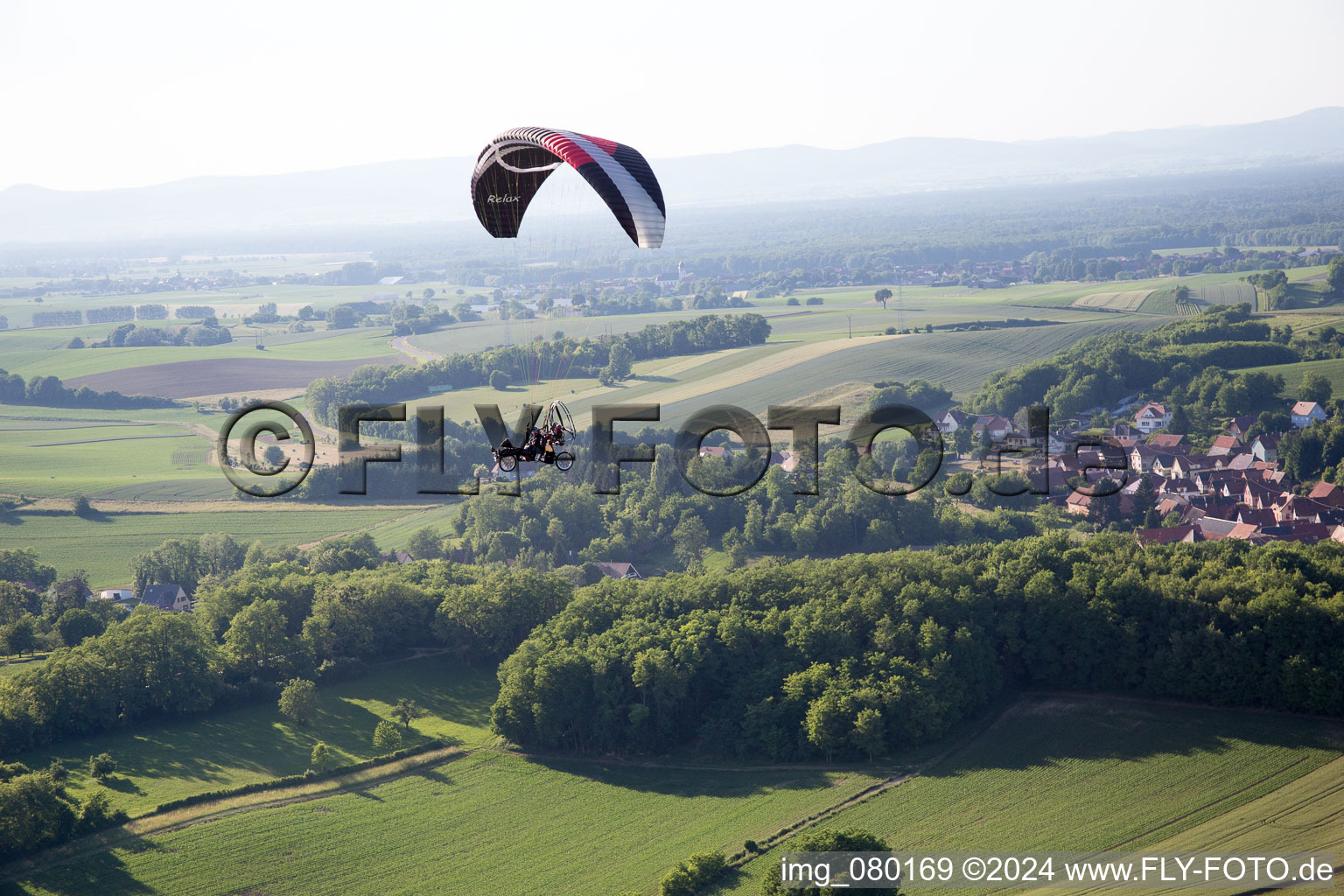 Neewiller-près-Lauterbourg in the state Bas-Rhin, France seen from a drone