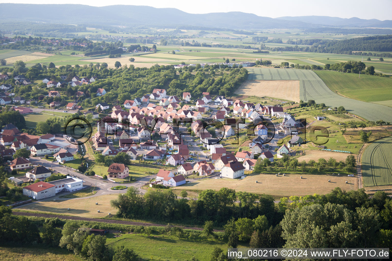 Bird's eye view of Soultz-sous-Forêts in the state Bas-Rhin, France