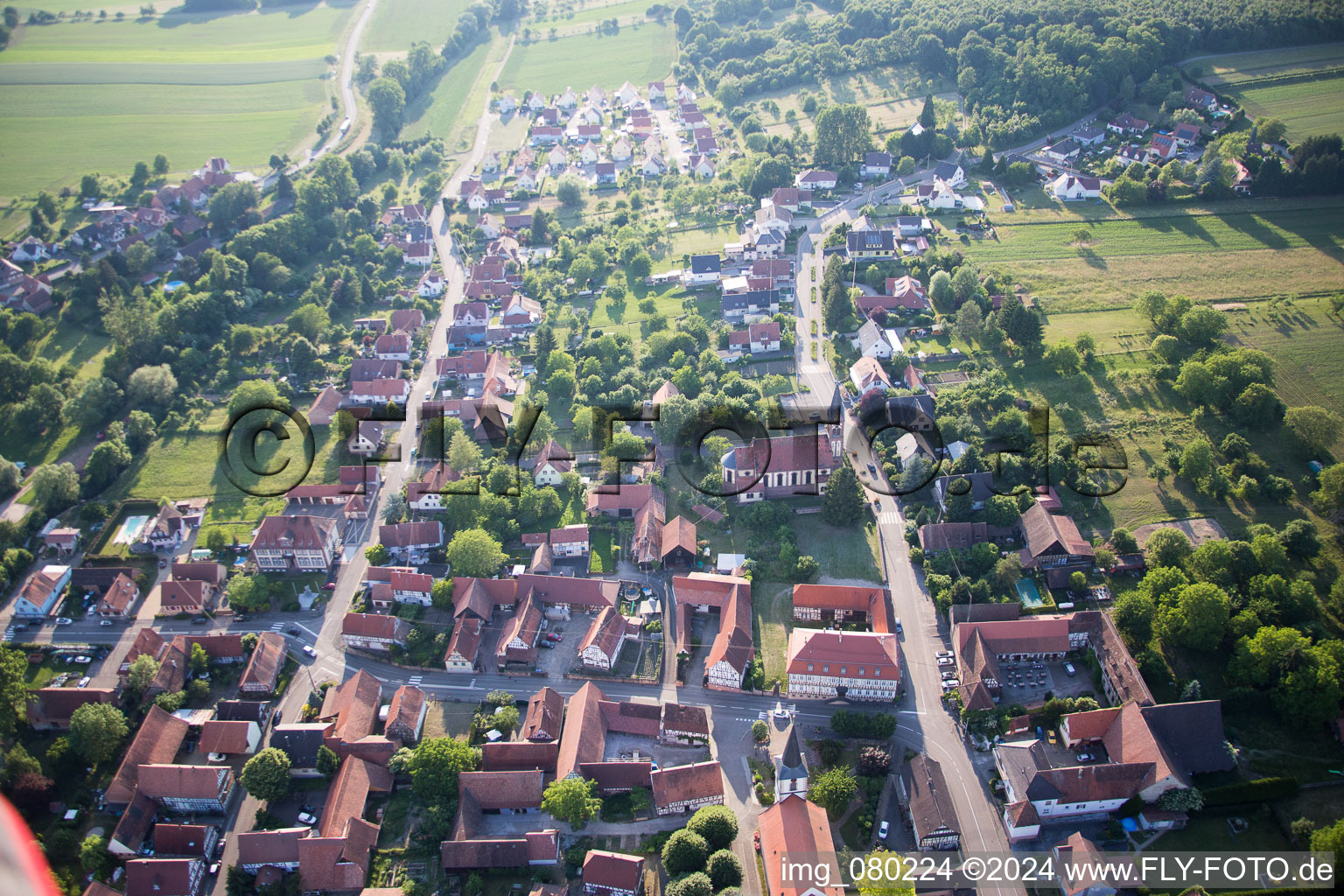 Aerial view of Kutzenhausen in the state Bas-Rhin, France