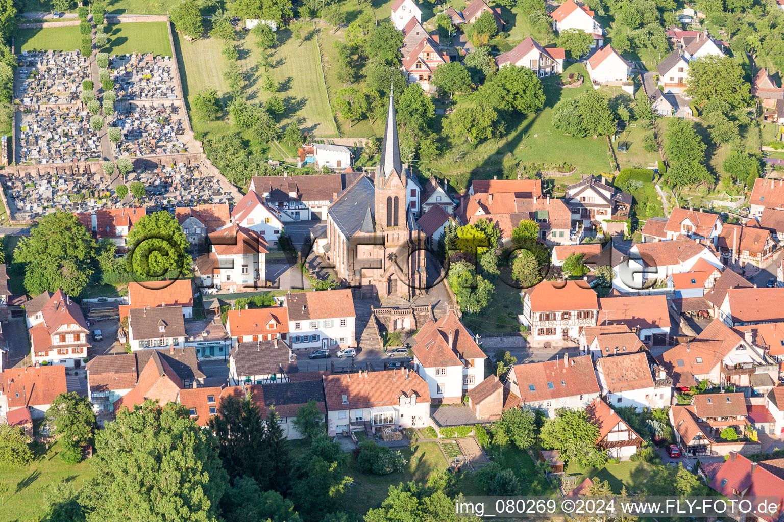 Aerial view of Church building Conseil Fabrique de l'Eglise Catholique in Lembach in Grand Est, France