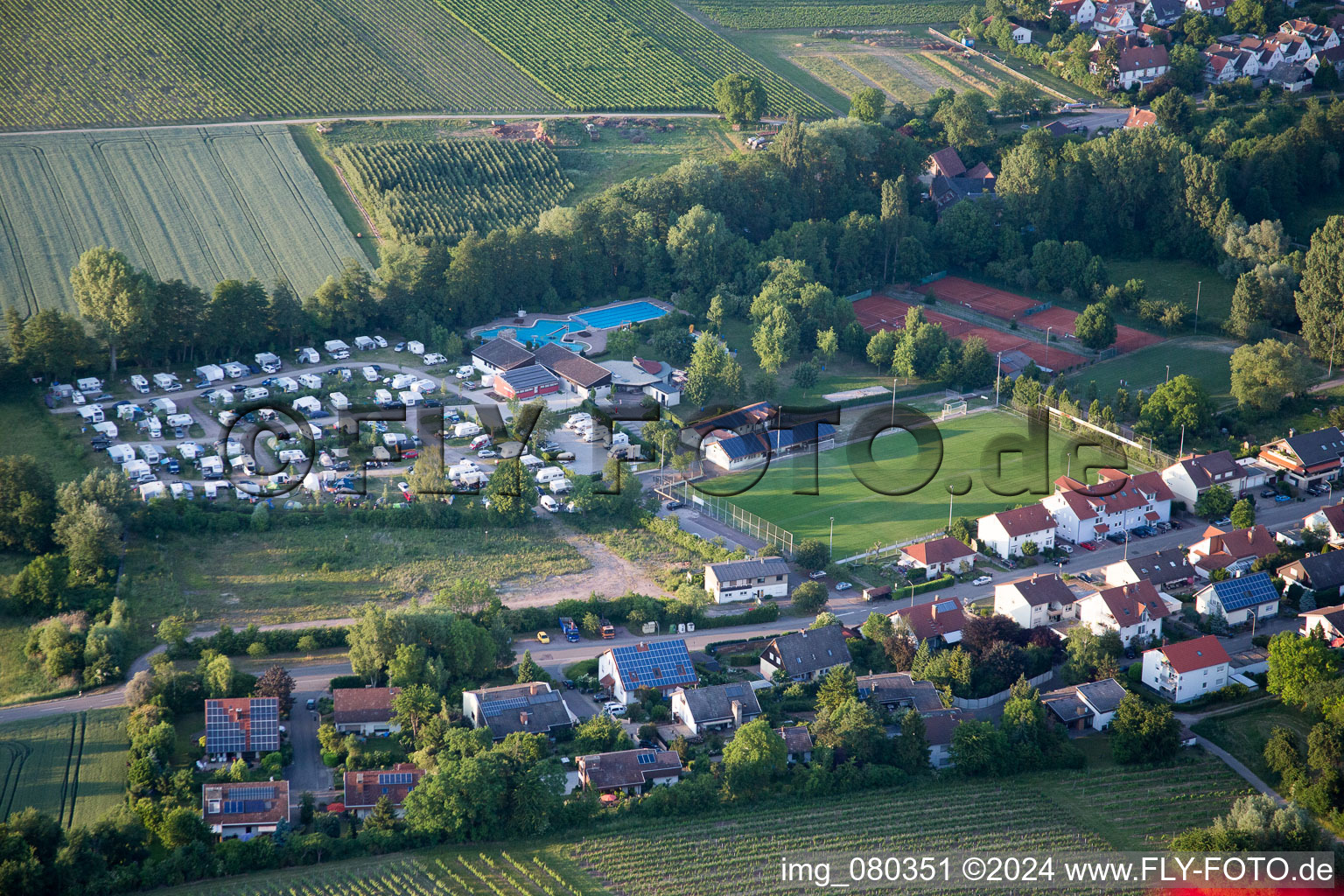 Camping in the Klingbachtal in the district Klingen in Heuchelheim-Klingen in the state Rhineland-Palatinate, Germany out of the air