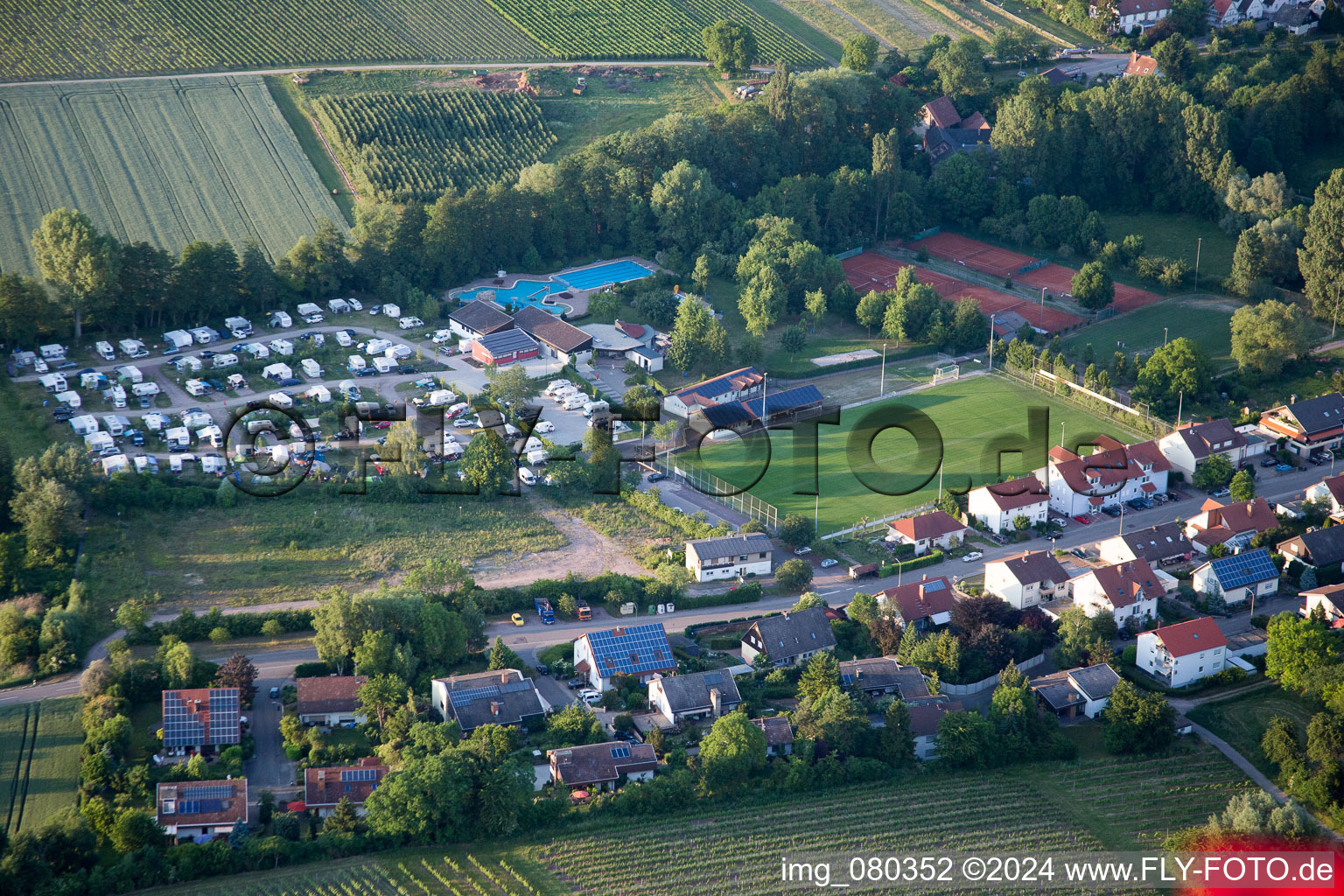 Camping in the Klingbachtal in the district Klingen in Heuchelheim-Klingen in the state Rhineland-Palatinate, Germany seen from above