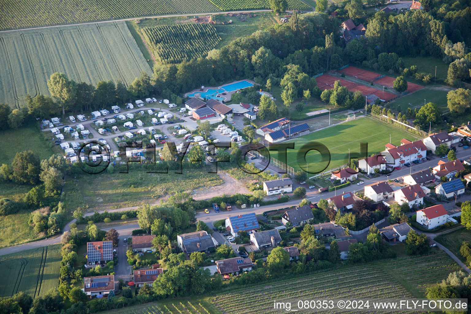 Camping in the Klingbachtal in the district Klingen in Heuchelheim-Klingen in the state Rhineland-Palatinate, Germany from the plane