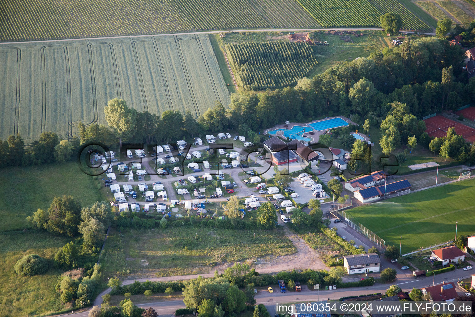 Oblique view of Camping with caravans and tents in the district Ingenheim in Billigheim-Ingenheim in the state Rhineland-Palatinate