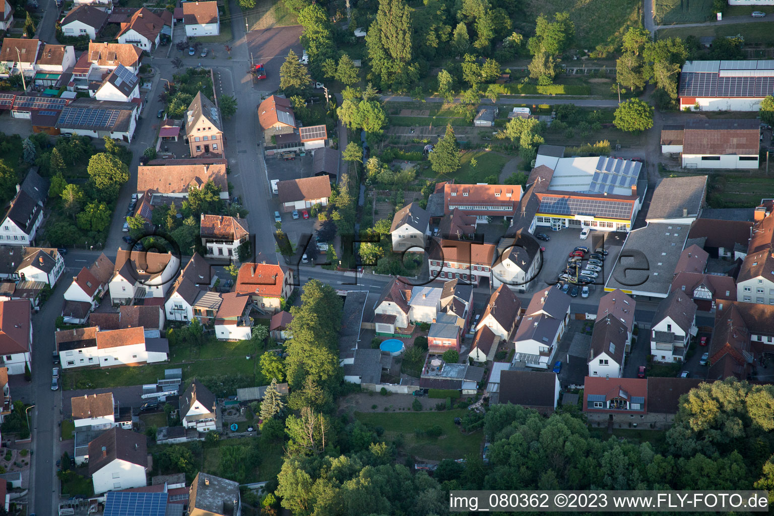 District Ingenheim in Billigheim-Ingenheim in the state Rhineland-Palatinate, Germany seen from above