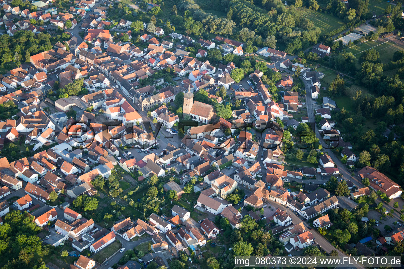 Aerial view of Town View of the streets and houses of the residential areas in Billigheim-Ingenheim in the state Rhineland-Palatinate