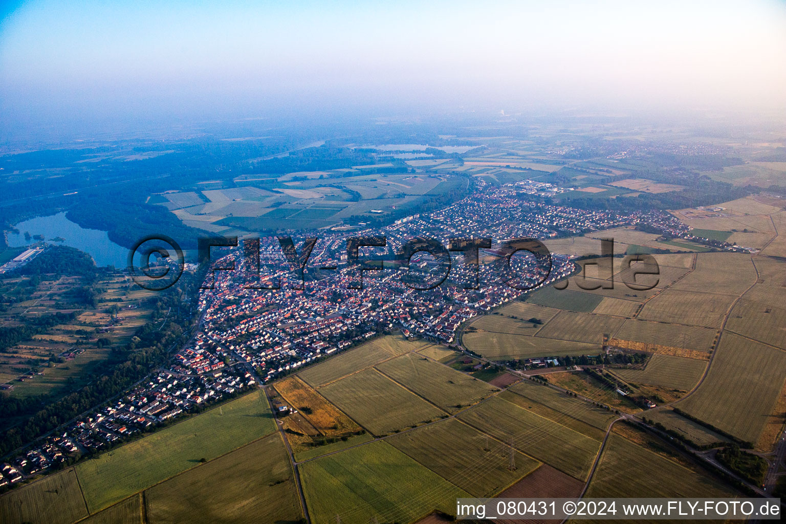 Oblique view of District Linkenheim in Linkenheim-Hochstetten in the state Baden-Wuerttemberg, Germany