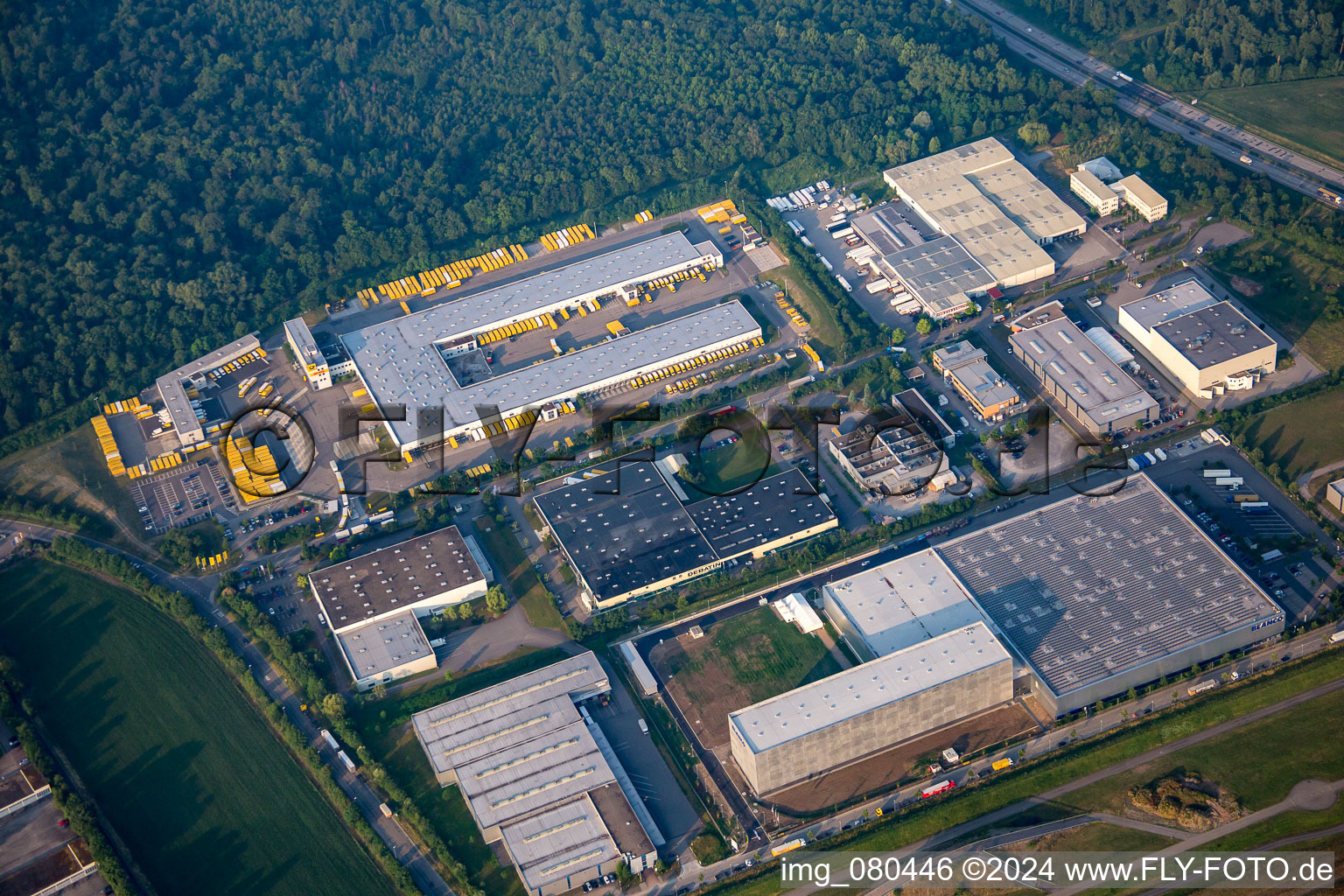 Aerial view of German Post NL Karlsruhe operation in Bruchsal in the state Baden-Wuerttemberg, Germany