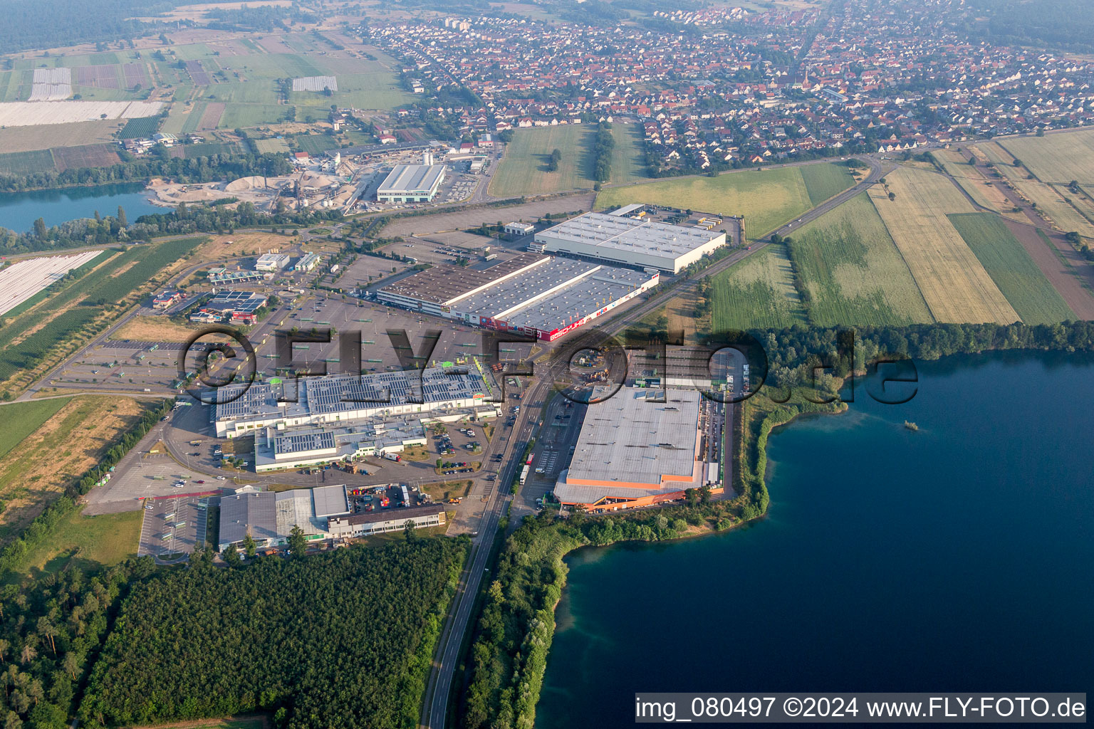 Building of the shopping center Globus Wiesental, Roller Moebel - Waghaeusel in Wiesental in the state Baden-Wurttemberg, Germany