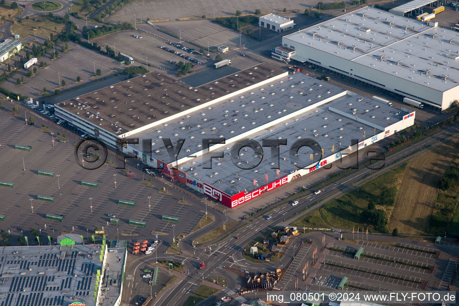 Aerial view of Furniture ROLLER Waghäusel-Wiesental in the district Wiesental in Waghäusel in the state Baden-Wuerttemberg, Germany