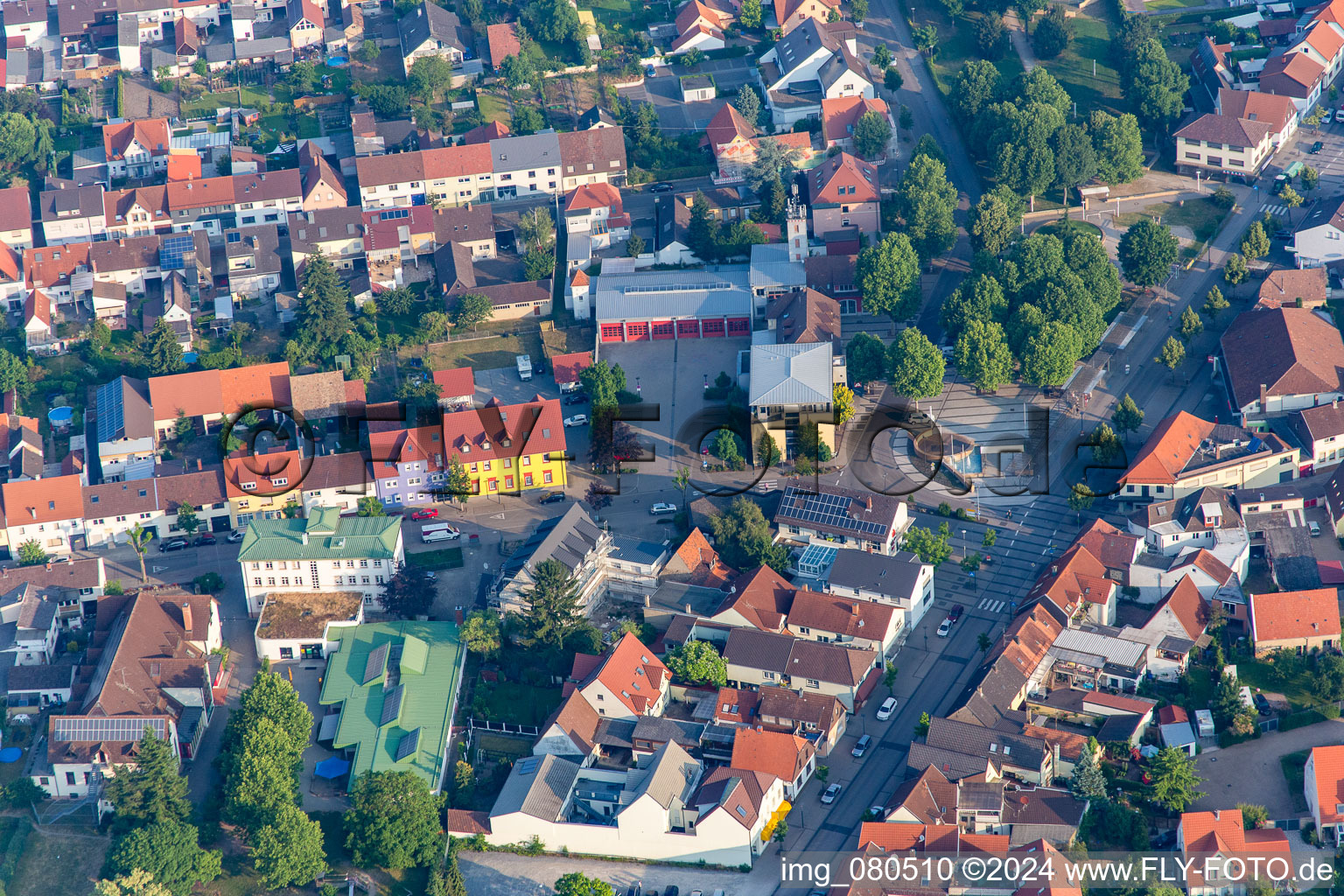 Market square and fire station in the district Wiesental in Waghäusel in the state Baden-Wuerttemberg, Germany