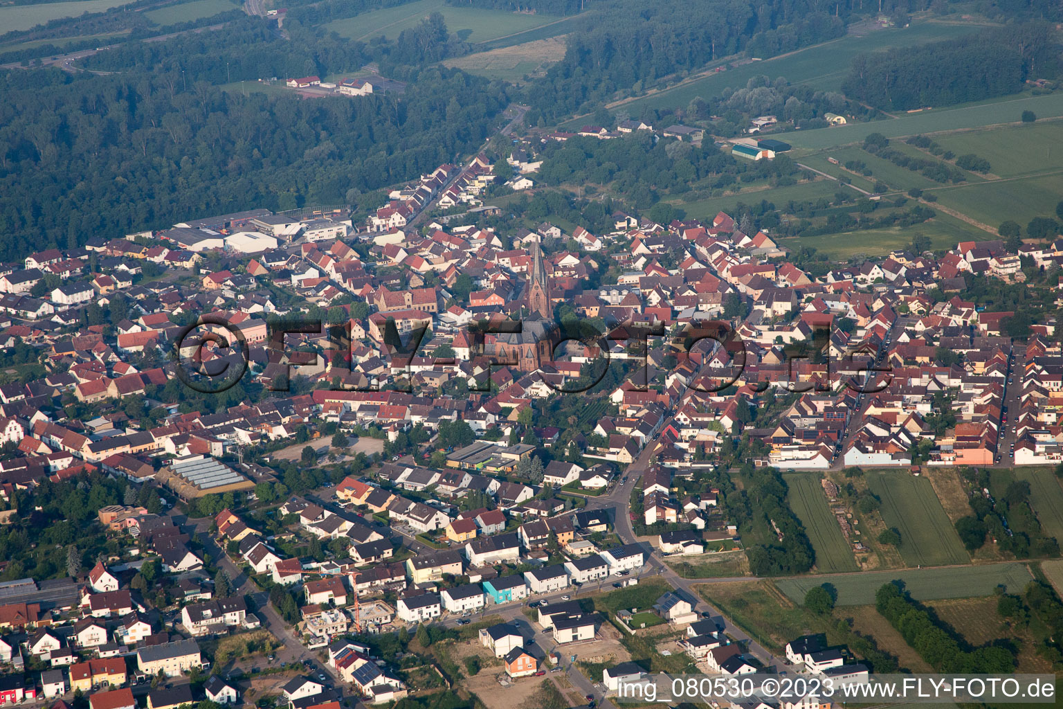Aerial view of From the northeast in the district Rheinsheim in Philippsburg in the state Baden-Wuerttemberg, Germany