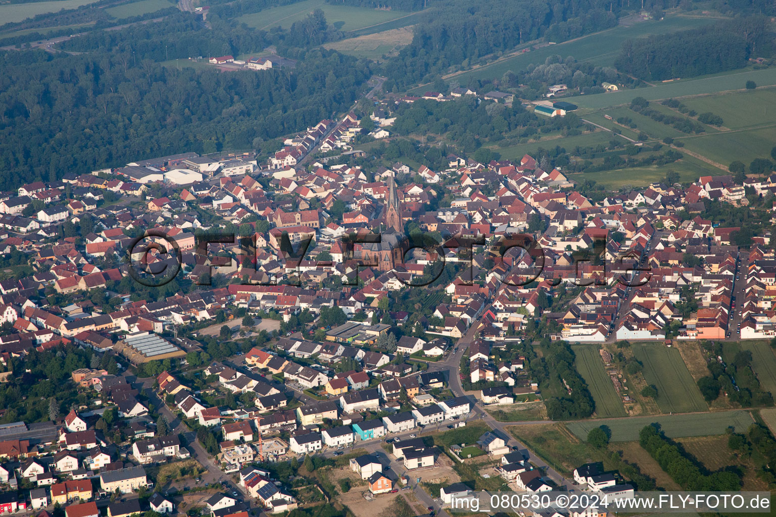 Aerial view of From northeast in the district Rheinsheim in Philippsburg in the state Baden-Wuerttemberg, Germany