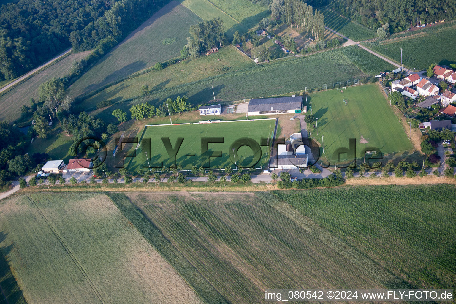 Aerial view of Sports field TuS 1914 eV in the district Mechtersheim in Römerberg in the state Rhineland-Palatinate, Germany