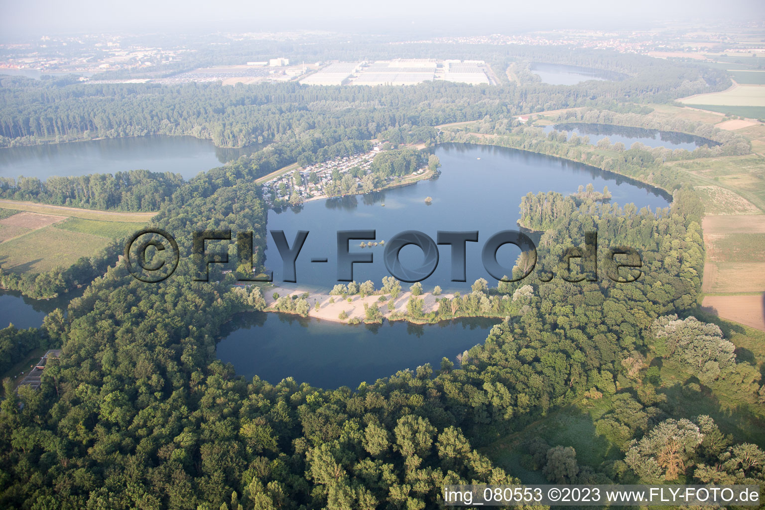Aerial view of Local recreation area in Lingenfeld in the state Rhineland-Palatinate, Germany