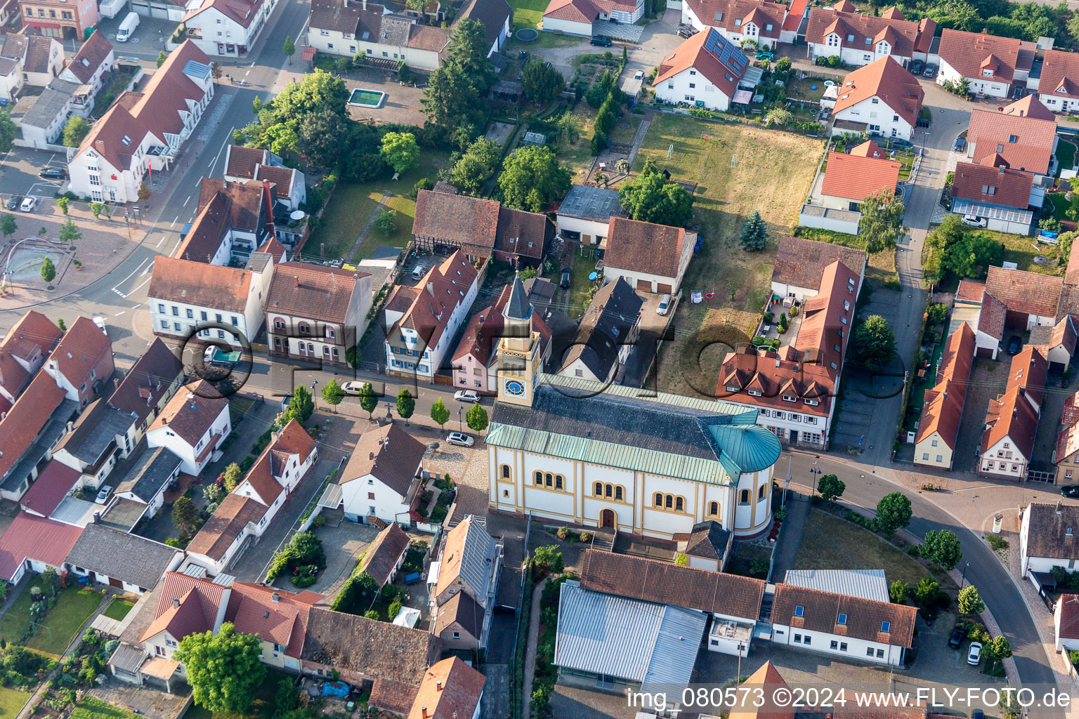Aerial view of Church building in the village of in Lingenfeld in the state Rhineland-Palatinate, Germany