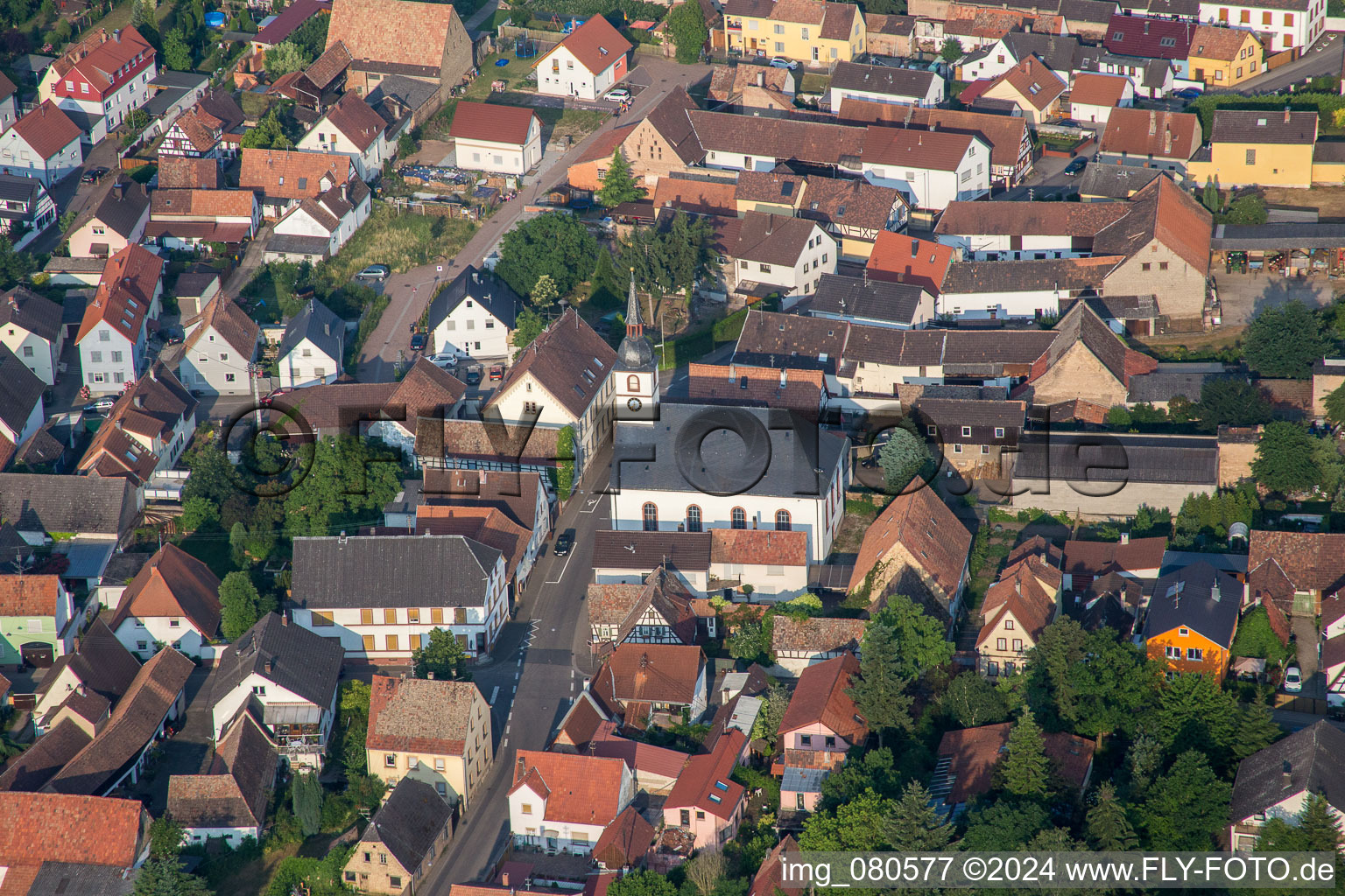 Protestant church in the village center in Westheim in the state Rhineland-Palatinate, Germany