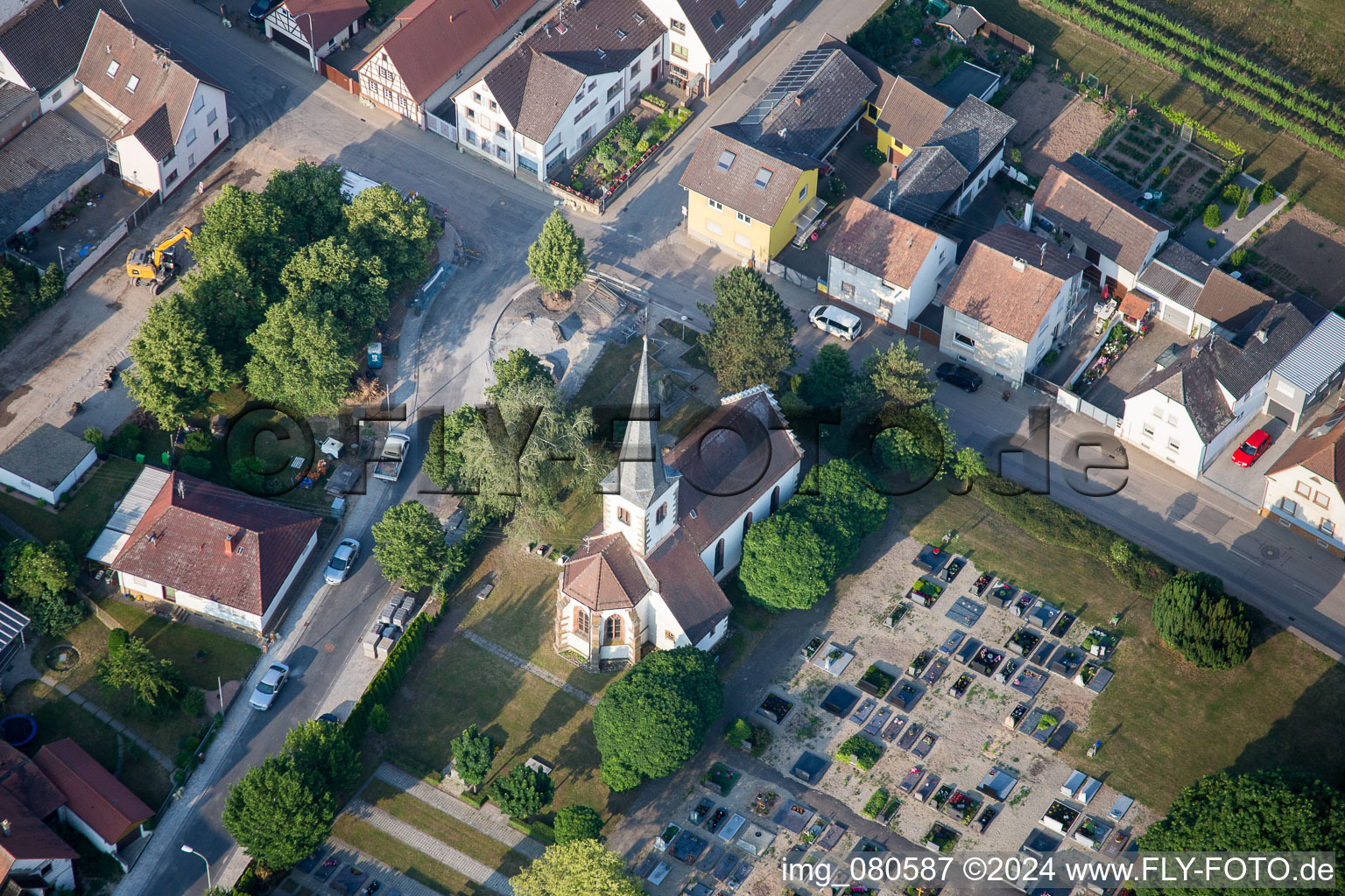 Aerial view of Church building in the village of in Lustadt in the state Rhineland-Palatinate, Germany