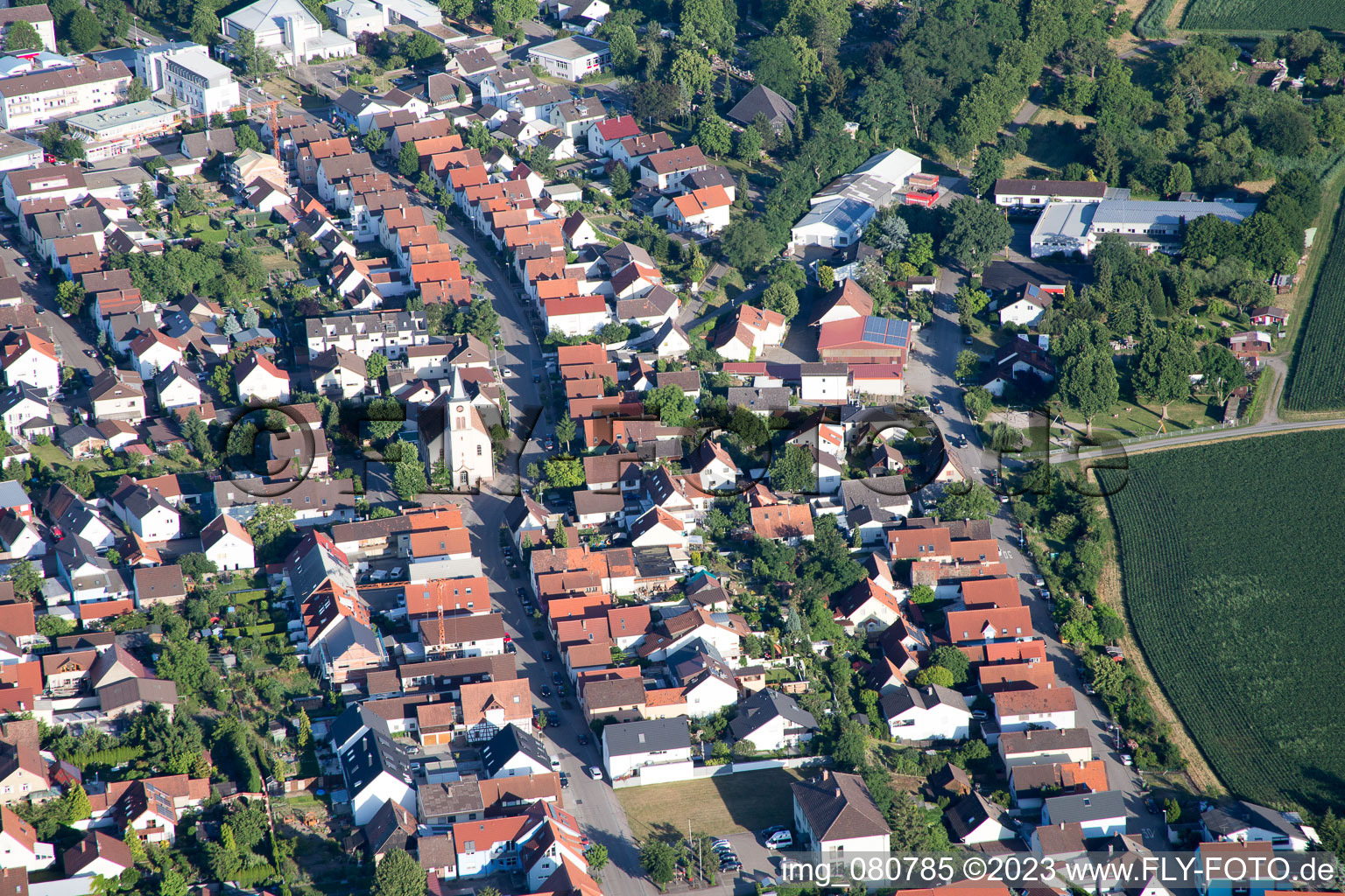 Aerial view of Leopoldstr in the district Leopoldshafen in Eggenstein-Leopoldshafen in the state Baden-Wuerttemberg, Germany
