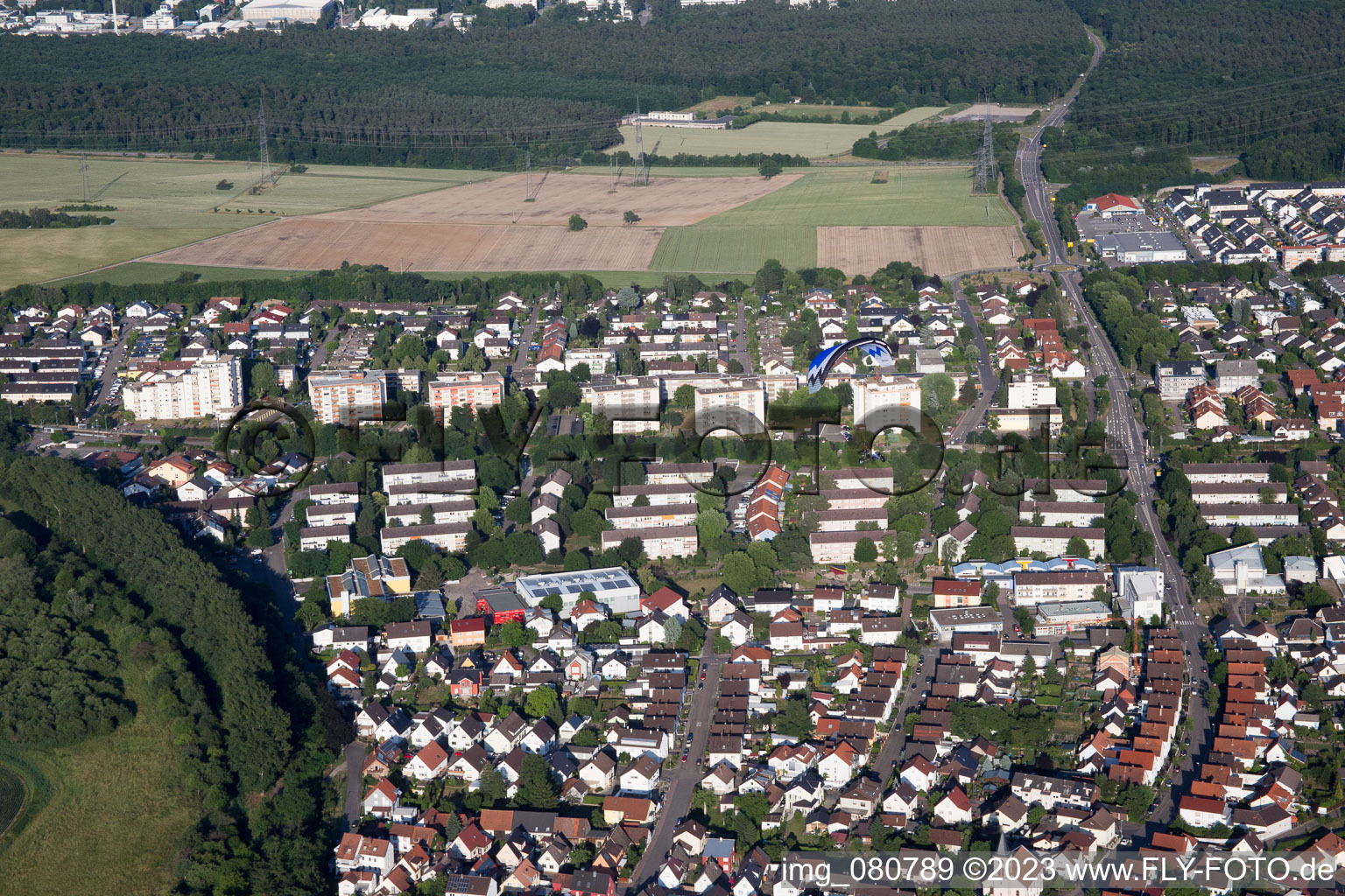 District Leopoldshafen in Eggenstein-Leopoldshafen in the state Baden-Wuerttemberg, Germany from above