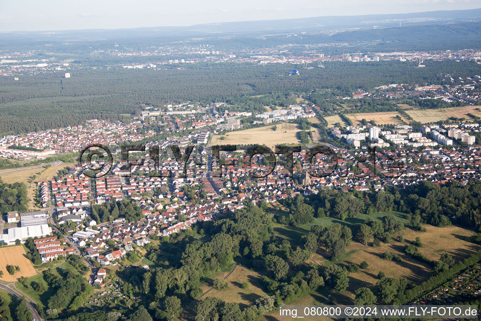 District Neureut in Karlsruhe in the state Baden-Wuerttemberg, Germany from the plane