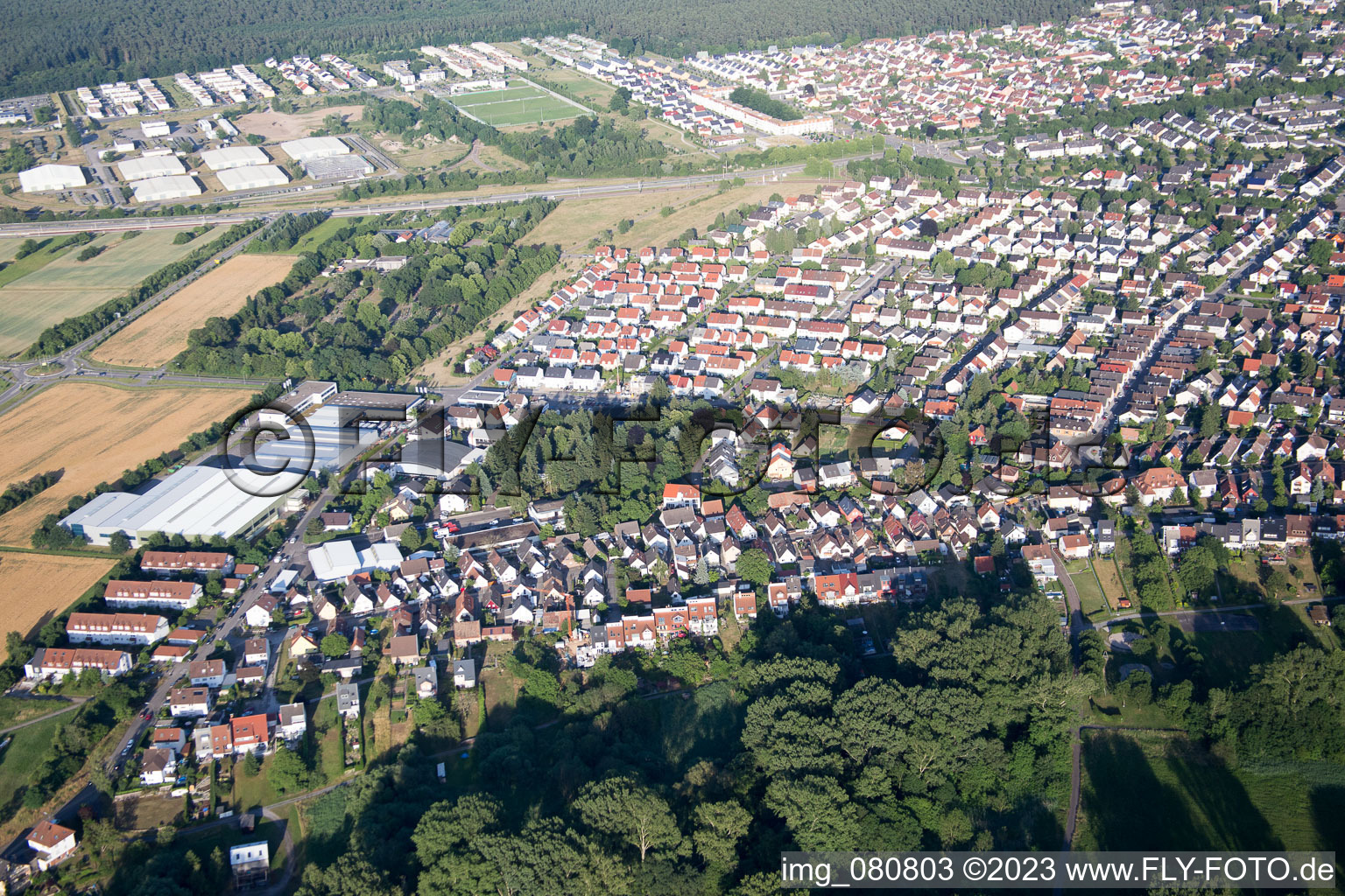 District Neureut in Karlsruhe in the state Baden-Wuerttemberg, Germany viewn from the air
