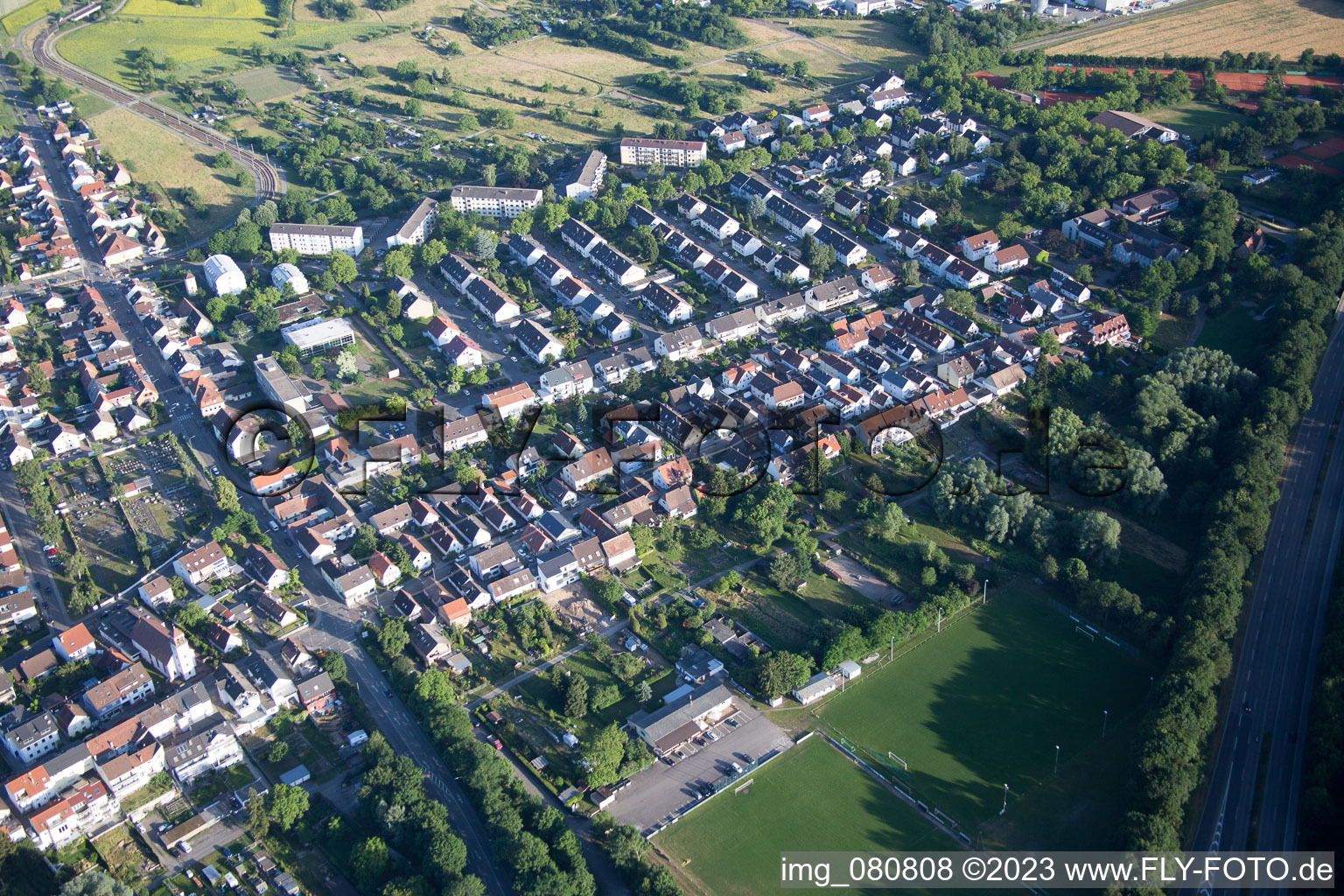 District Neureut in Karlsruhe in the state Baden-Wuerttemberg, Germany from the drone perspective