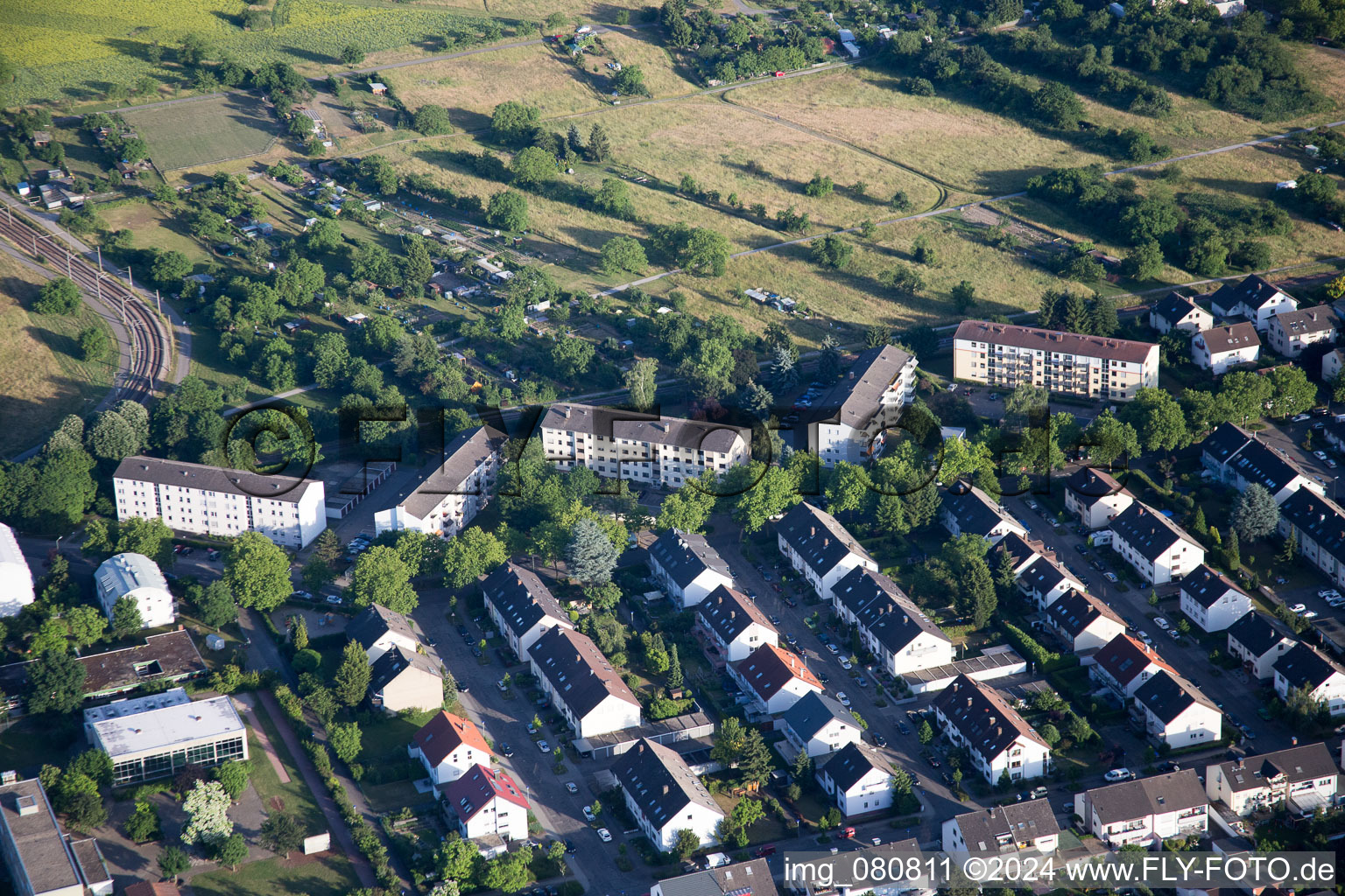 District Neureut in Karlsruhe in the state Baden-Wuerttemberg, Germany seen from a drone