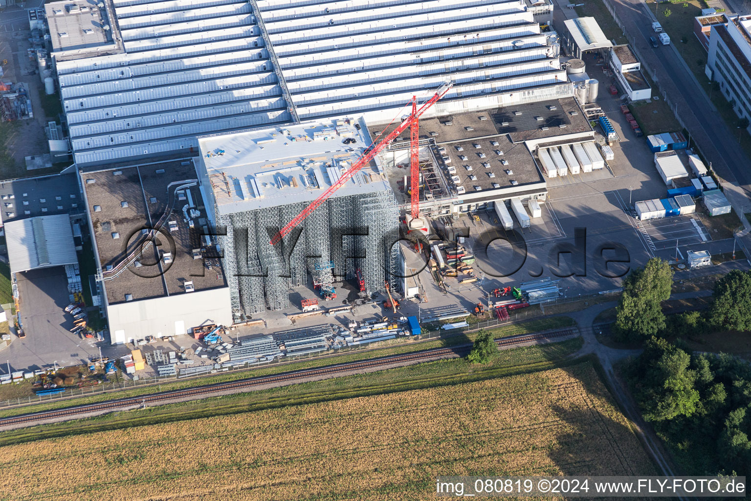 Oblique view of L'Oreal construction site in the district Neureut in Karlsruhe in the state Baden-Wuerttemberg, Germany