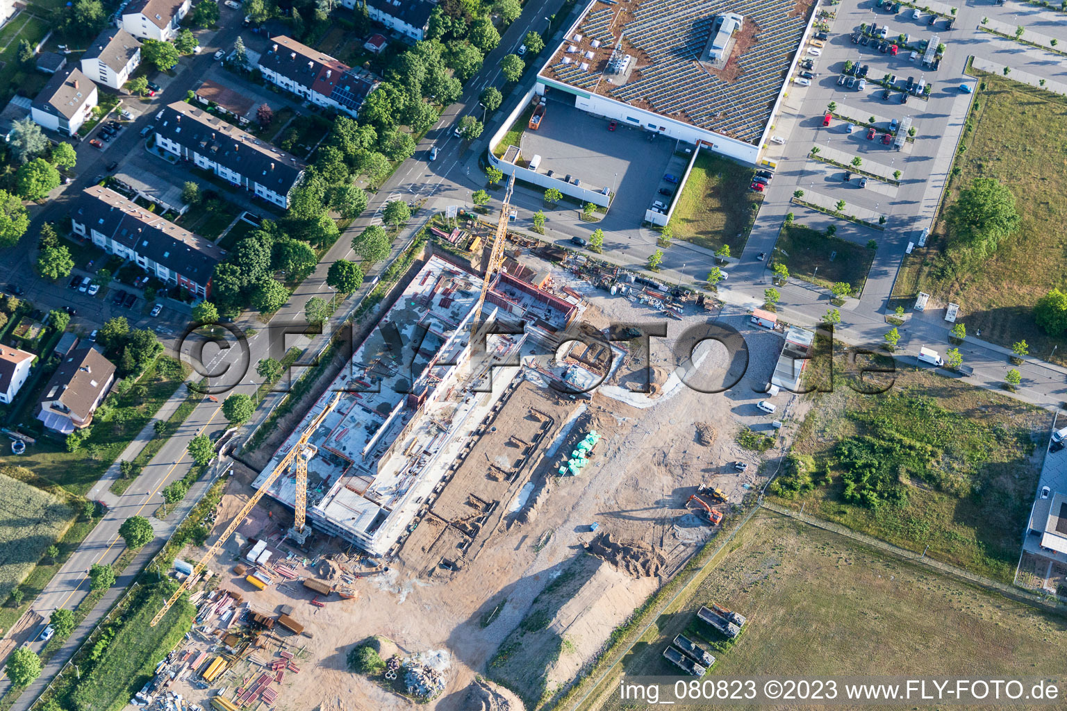 Aerial view of New development area in the district Knielingen in Karlsruhe in the state Baden-Wuerttemberg, Germany