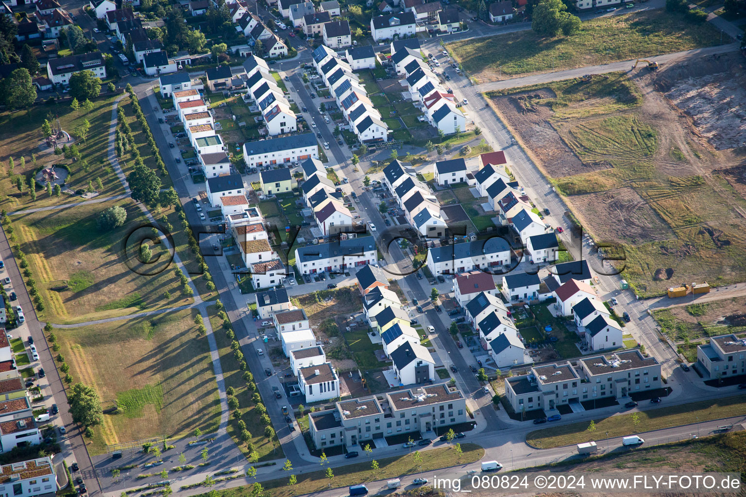 Aerial photograpy of New development area in the district Knielingen in Karlsruhe in the state Baden-Wuerttemberg, Germany