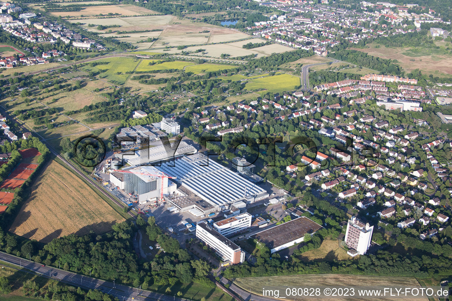 Aerial view of L'Oreal new building in the district Neureut in Karlsruhe in the state Baden-Wuerttemberg, Germany