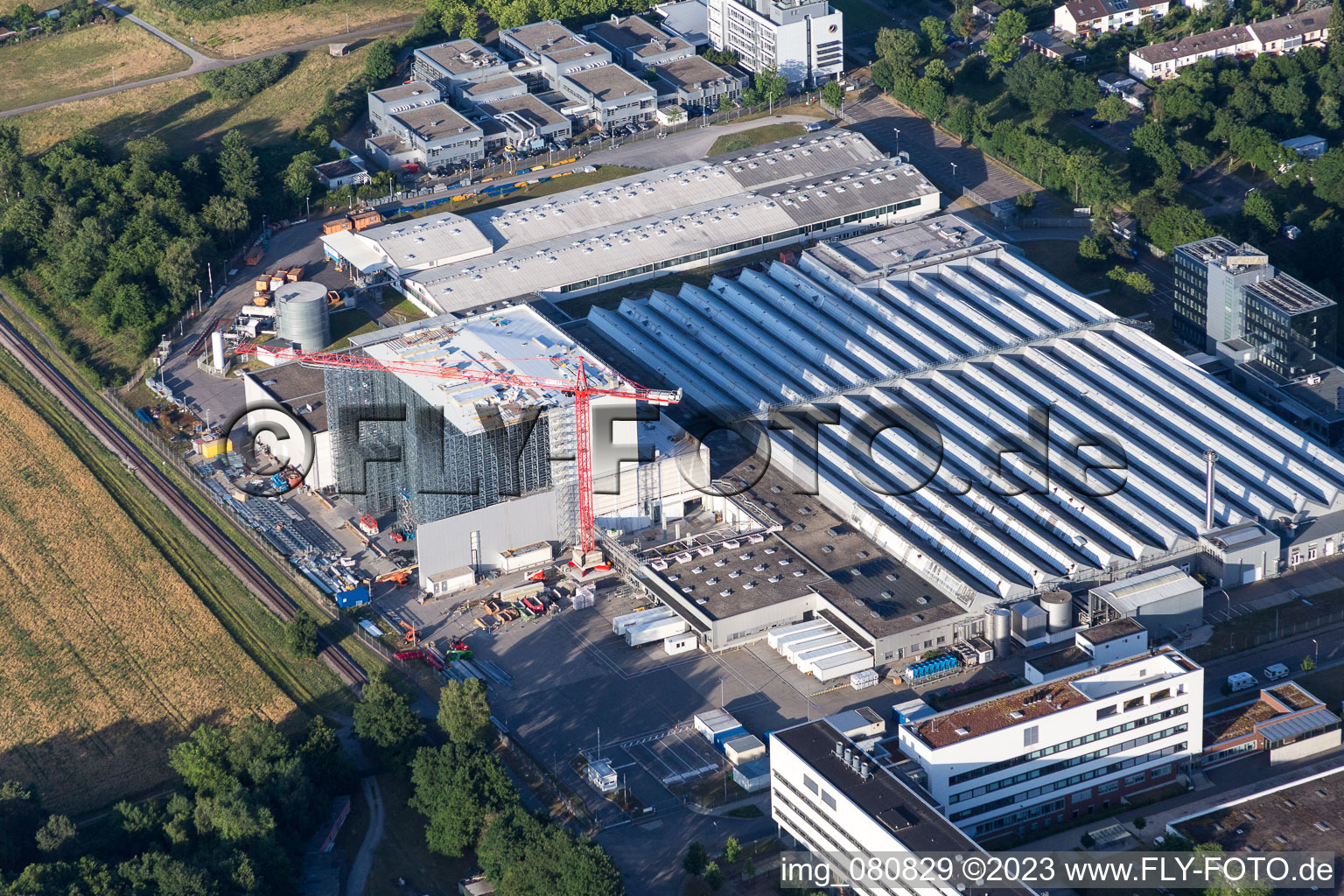 Aerial photograpy of L'Oreal new building in the district Neureut in Karlsruhe in the state Baden-Wuerttemberg, Germany