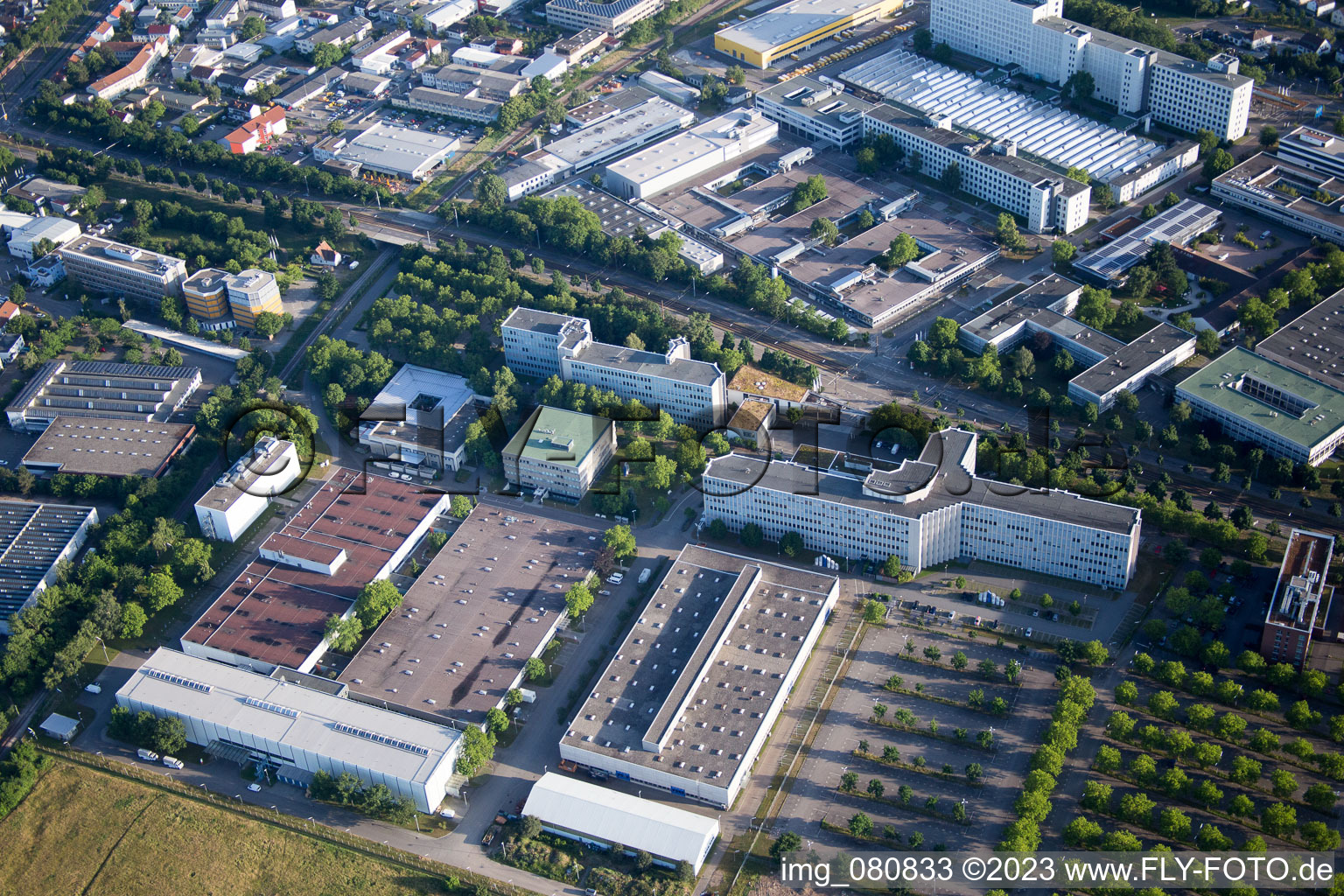 Aerial view of District Knielingen in Karlsruhe in the state Baden-Wuerttemberg, Germany