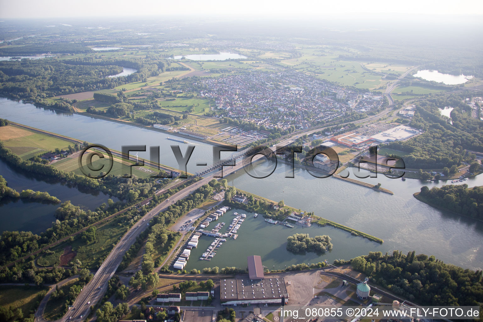 Marina at the Rhine Bridge in the district Knielingen in Karlsruhe in the state Baden-Wuerttemberg, Germany