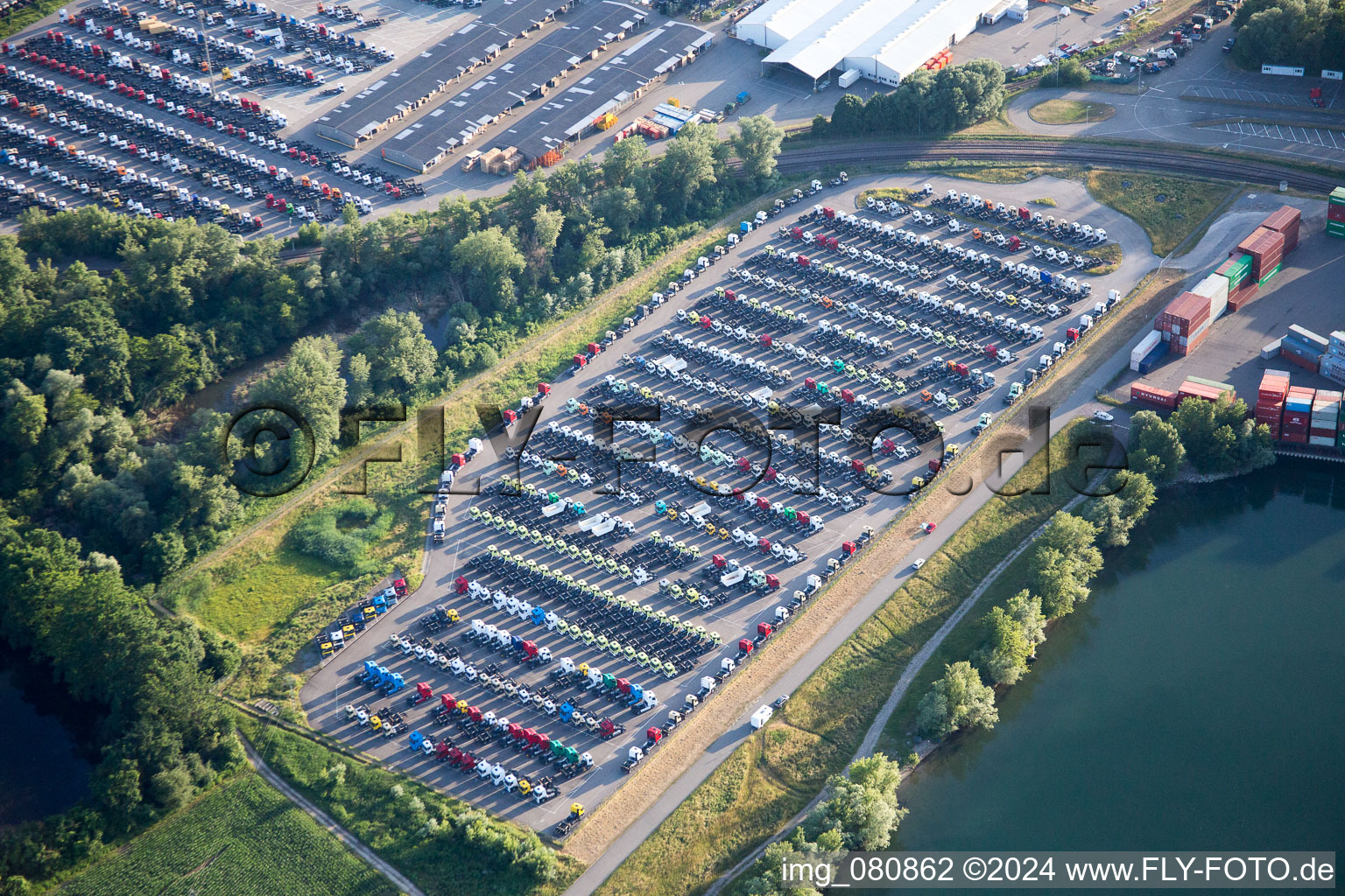 Oblique view of Daimler in the district Maximiliansau in Wörth am Rhein in the state Rhineland-Palatinate, Germany