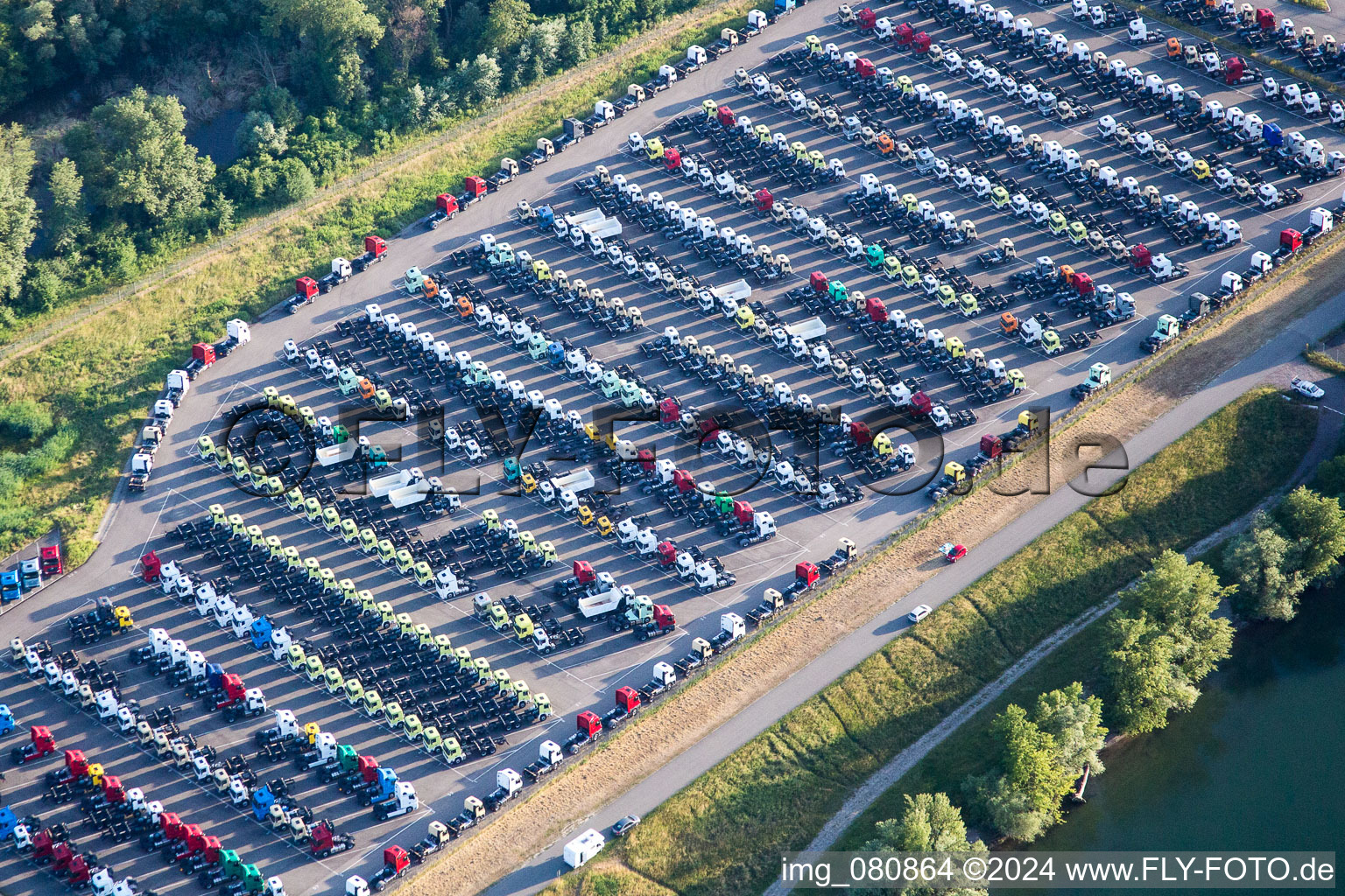 New trucks at the delivery parking of Daimler Truck facilities Woerth in Woerth am Rhein in the state Rhineland-Palatinate