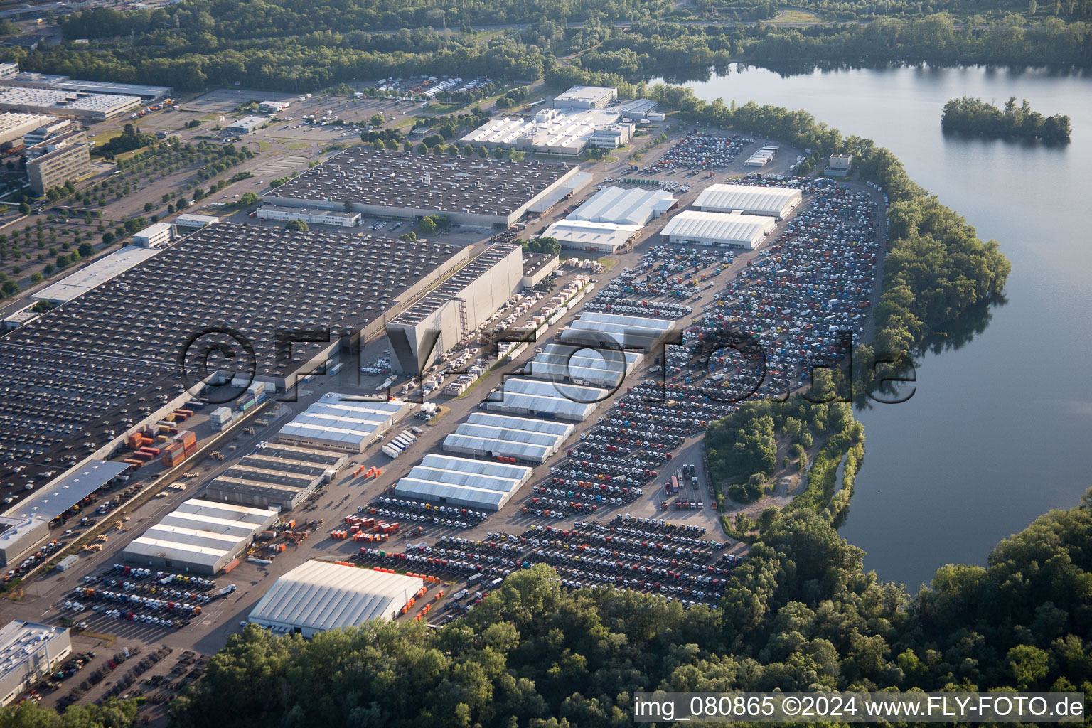 Daimler in the district Maximiliansau in Wörth am Rhein in the state Rhineland-Palatinate, Germany from above