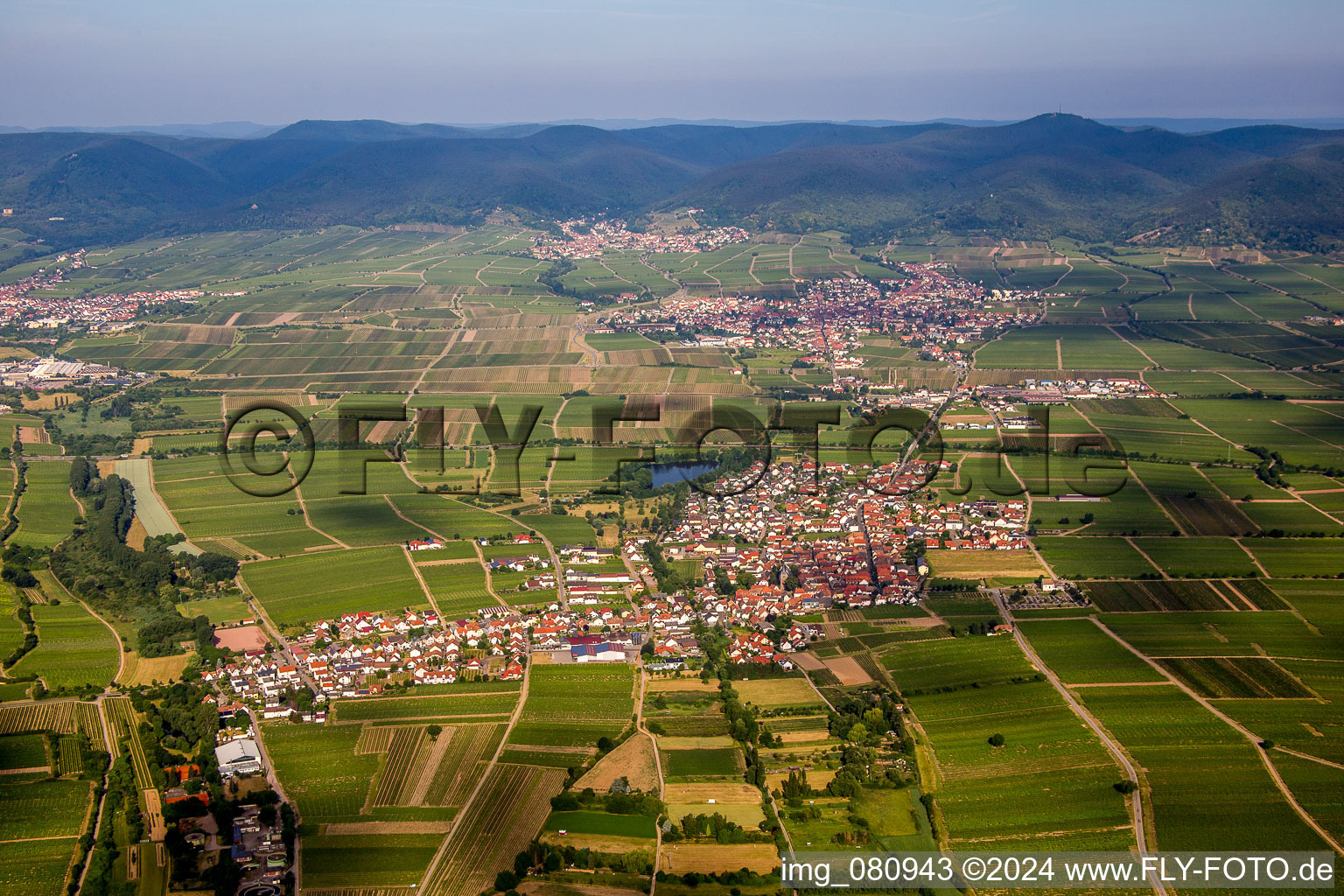 Aerial view of Village - view on the edge of agricultural fields and farmland in Kirrweiler (Pfalz) in the state Rhineland-Palatinate, Germany