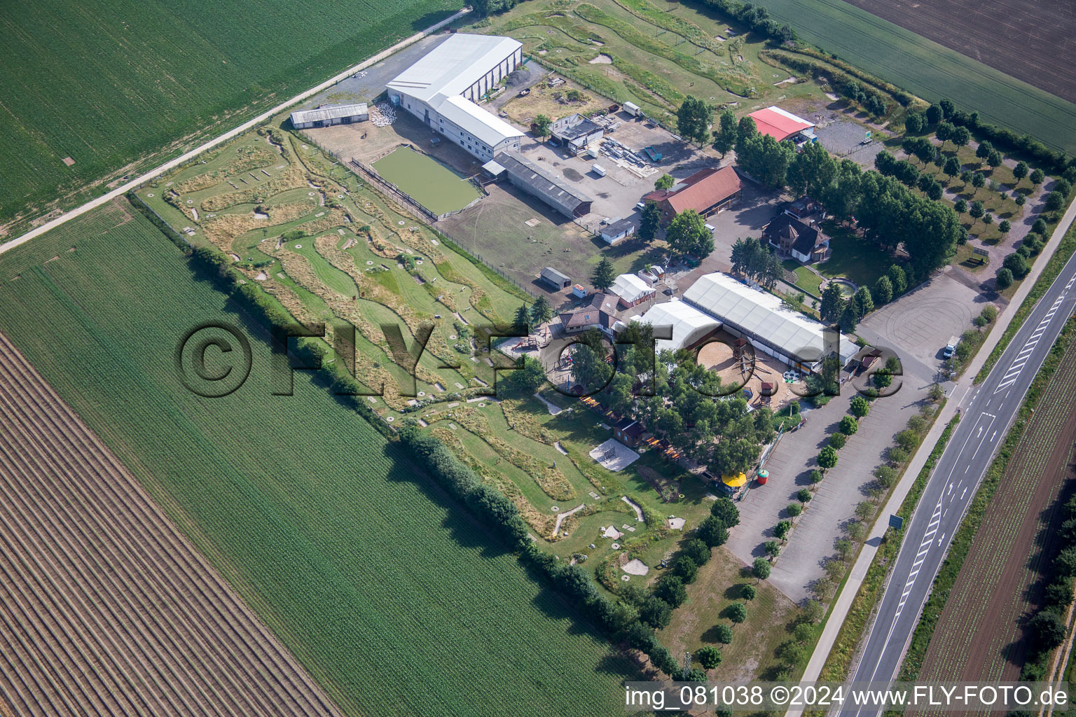 Aerial view of Tent of open-air restaurant Adamshof and foot golf   area Kandel in Kandel in the state Rhineland-Palatinate, Germany