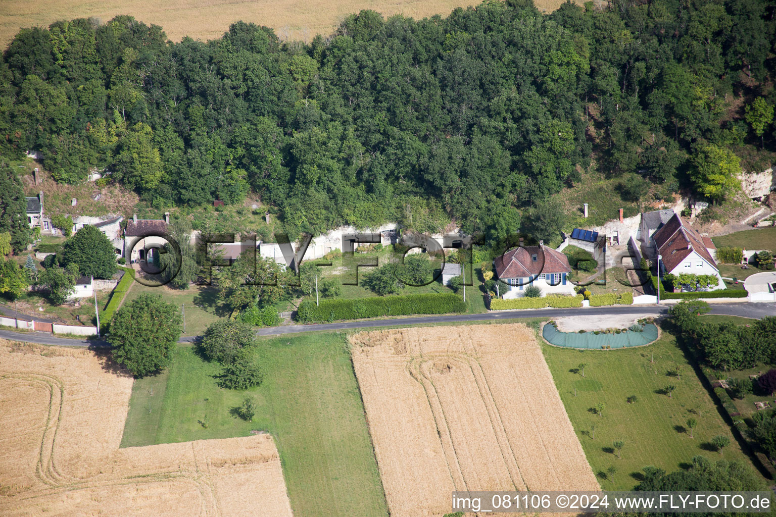 Aerial view of Cave flats at the Loir in Thore-la-Rochette in Centre-Val de Loire, France