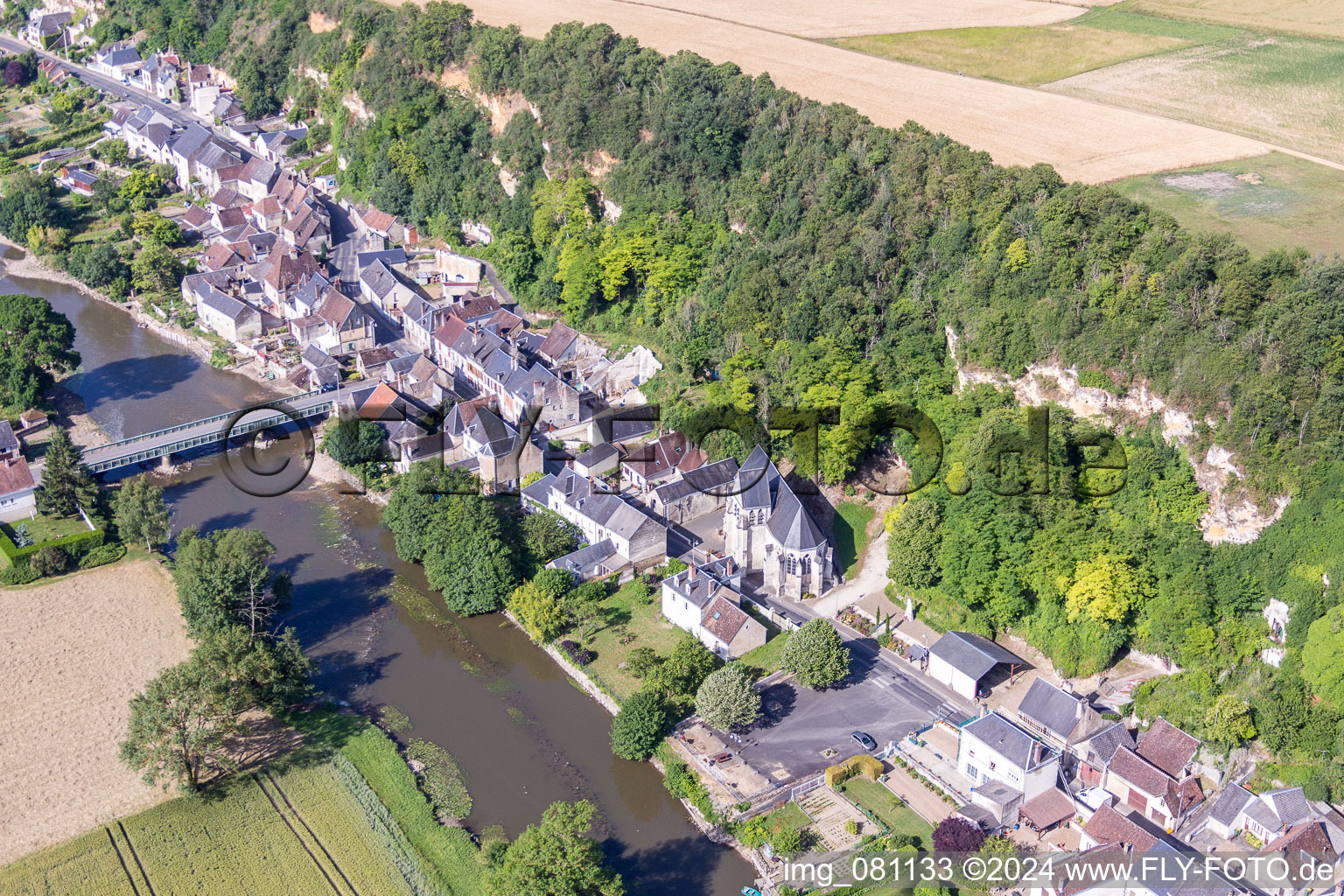 Aerial view of River - bridge construction ueber den Loir in Les Roches-l'Eveque in Centre-Val de Loire, France