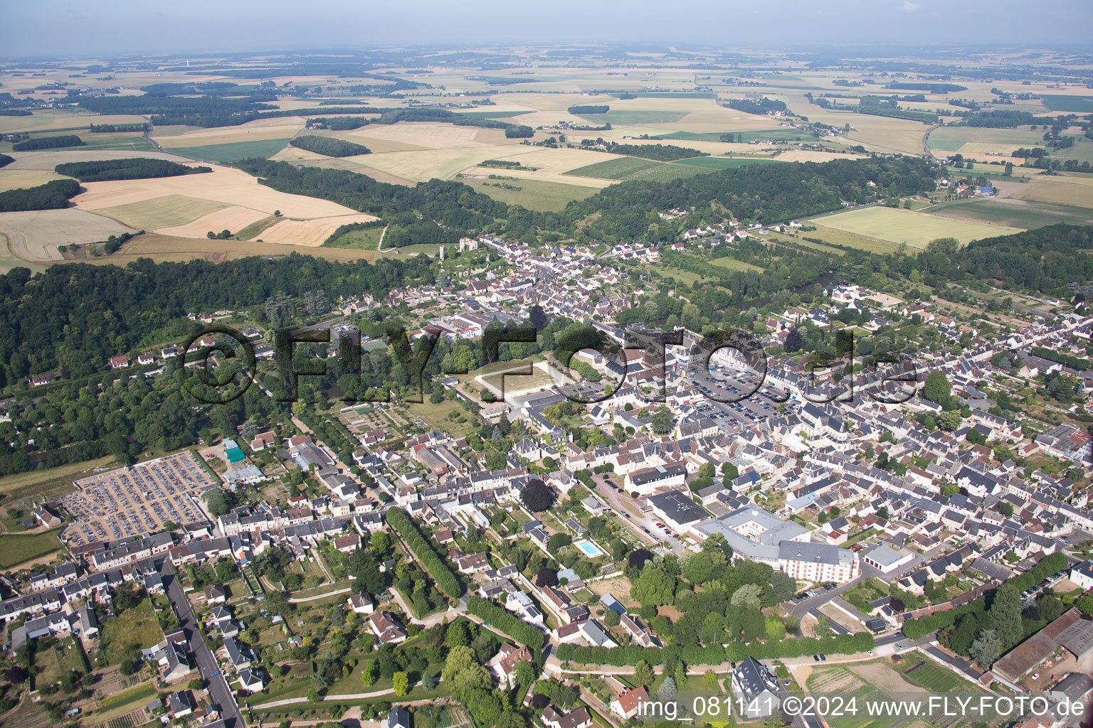 Oblique view of Montoire-sur-le-Loir in the state Loir et Cher, France