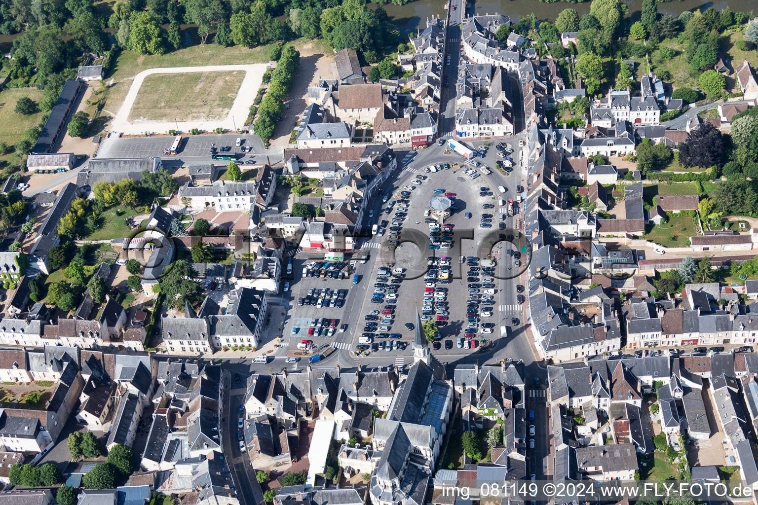 Ensemble space Place Clemencau in the inner city center in the district Villeneuve in Montoire-sur-le-Loir in Centre-Val de Loire, France